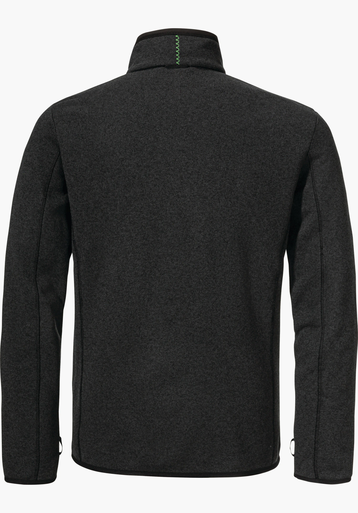 CIRC Fleece Jk Style Yew MNS black fleece jacket, rear view; laid flat with raised collar and light green zigzag stitch detail, long sleeves and subtle seam lines against a white background.