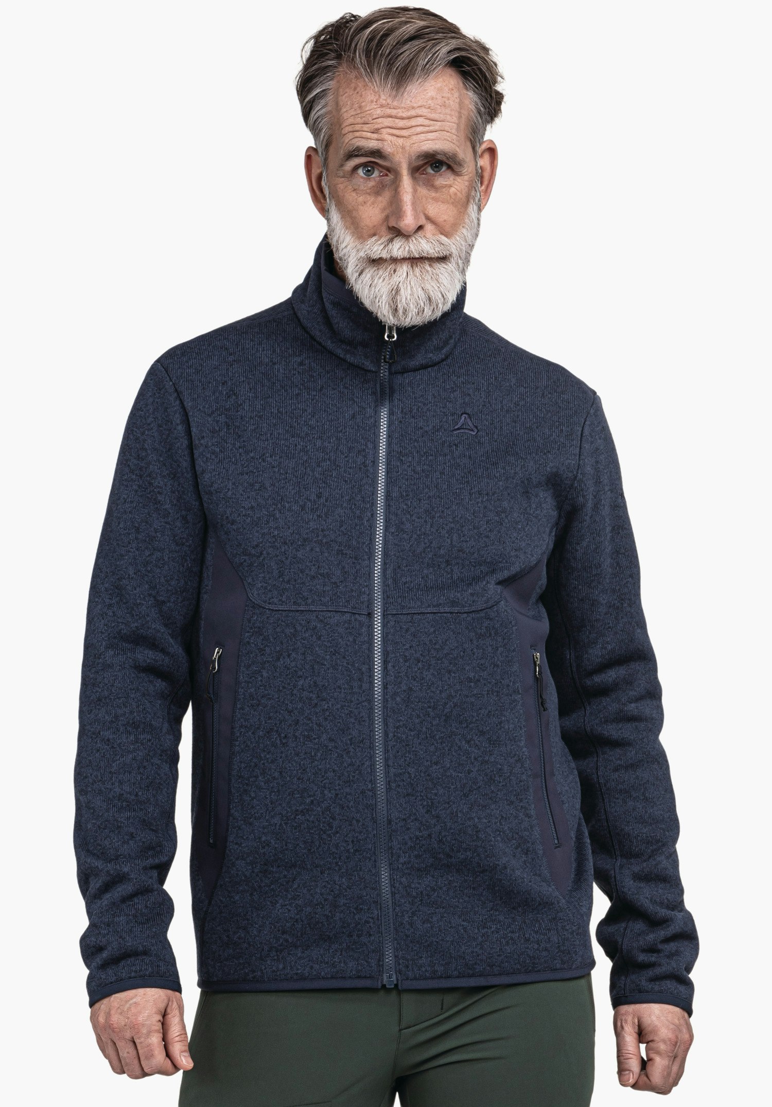 CIRC Fleece Jk Style Yew MNS dark blue fleece jacket, worn by an older man with white beard; standing front-facing, zip closed, Schöffel logo on the chest, light plain background.