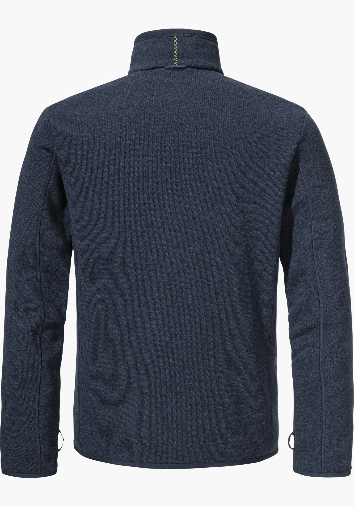 CIRC Fleece Jk Style Yew MNS dark blue fleece jacket, rear view, laid flat; high collar with green decorative stitch; long sleeves, smooth fabric, against a white background.