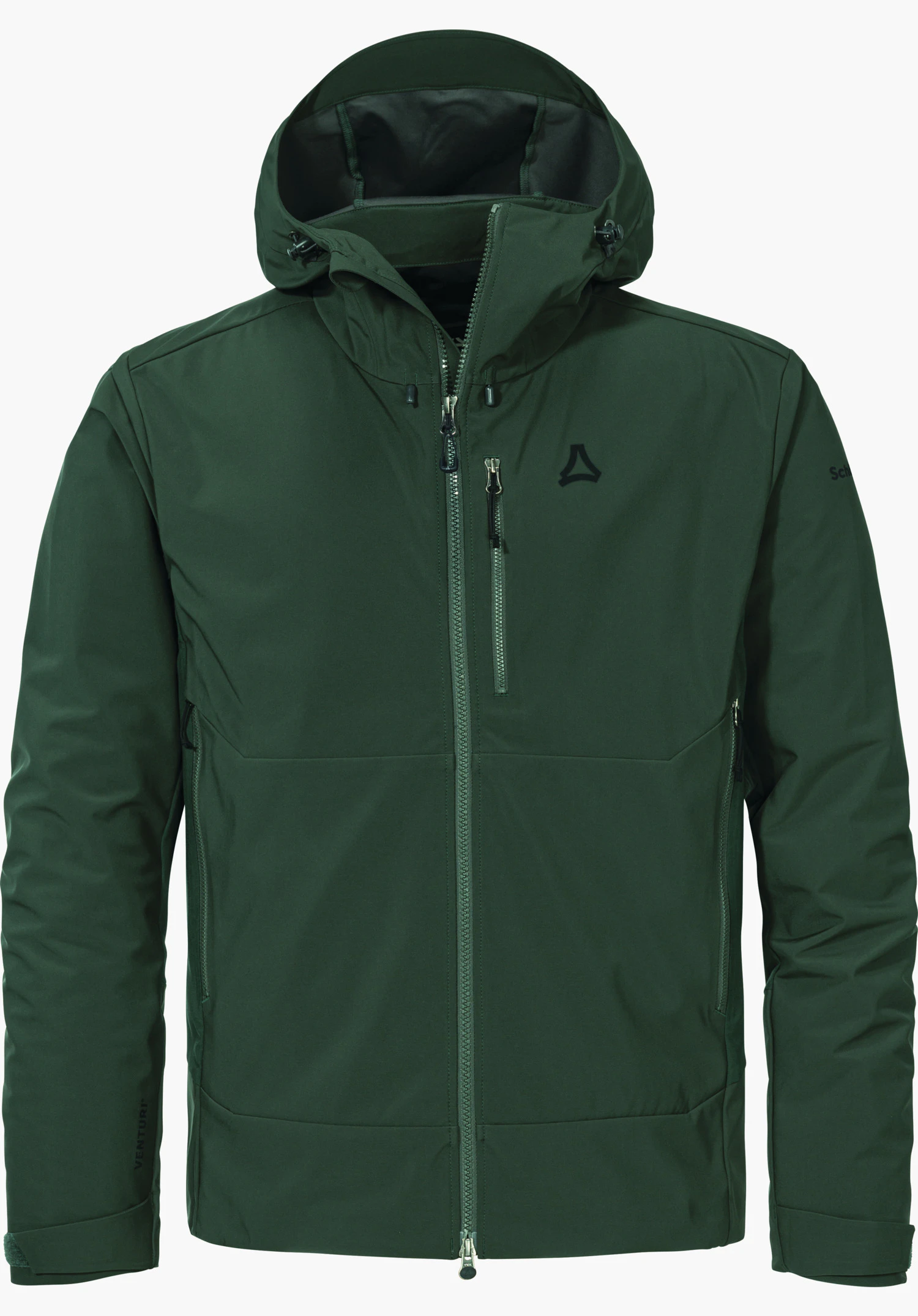 Softshell Jk Style Milagle MNS Softshelljacke, dunkelgrün, mit Reißverschluss und Kapuze, Schöffel-Logo auf linker Brust, Brusttasche und Taschen links und rechts, vor weißem Hintergrund.