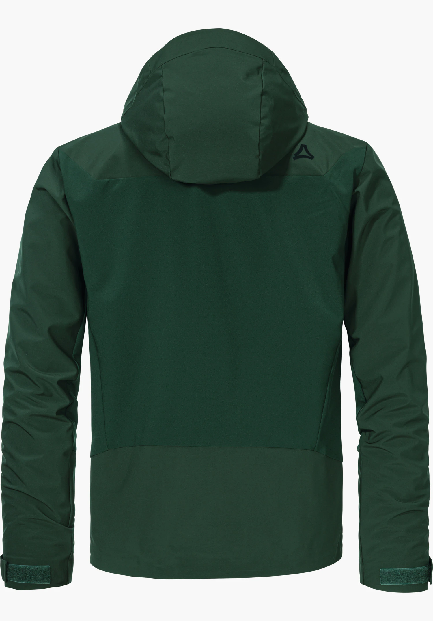 Softshell Jk Style Milagle MNS dunkelgrüne Kapuzenjacke, Rückansicht auf hellem Hintergrund, glatt geschnittene Ärmel, Klettverschlüsse an den Bündchen; Schöffel-Logo oben rechts auf der Schulter; schlichter outdoor-funktionaler Stil.