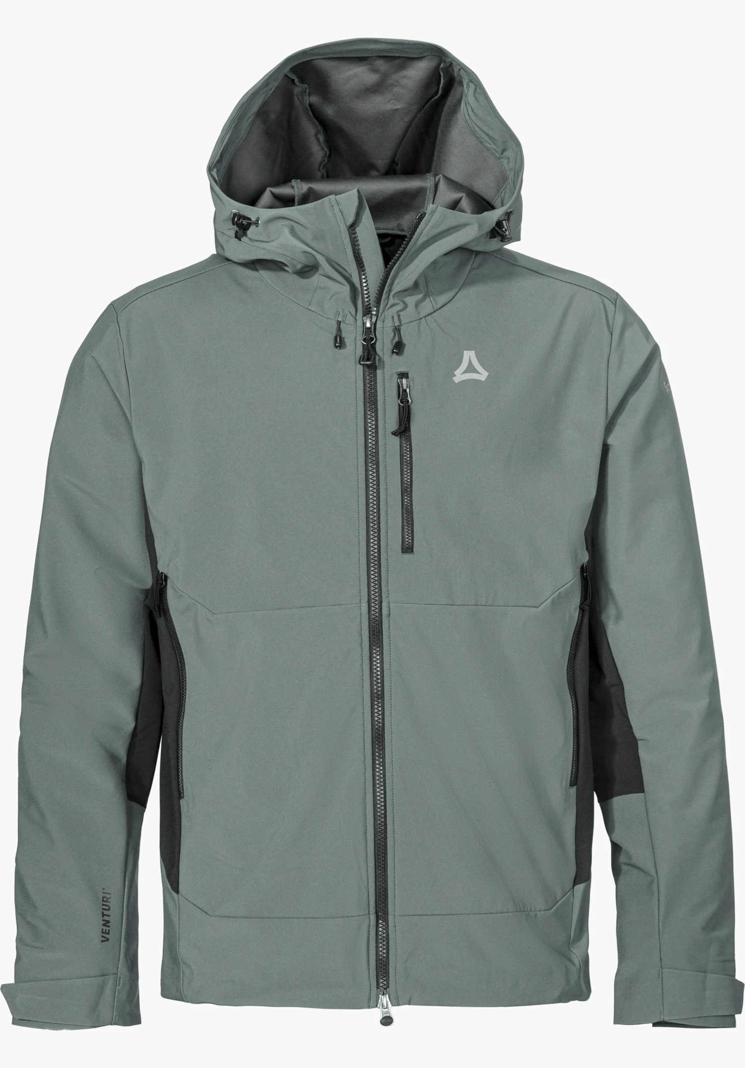 Softshell Jk Style Milagle MNS in grey with a hood, front zipper and Schöffel logo on the chest, isolated on a white background.