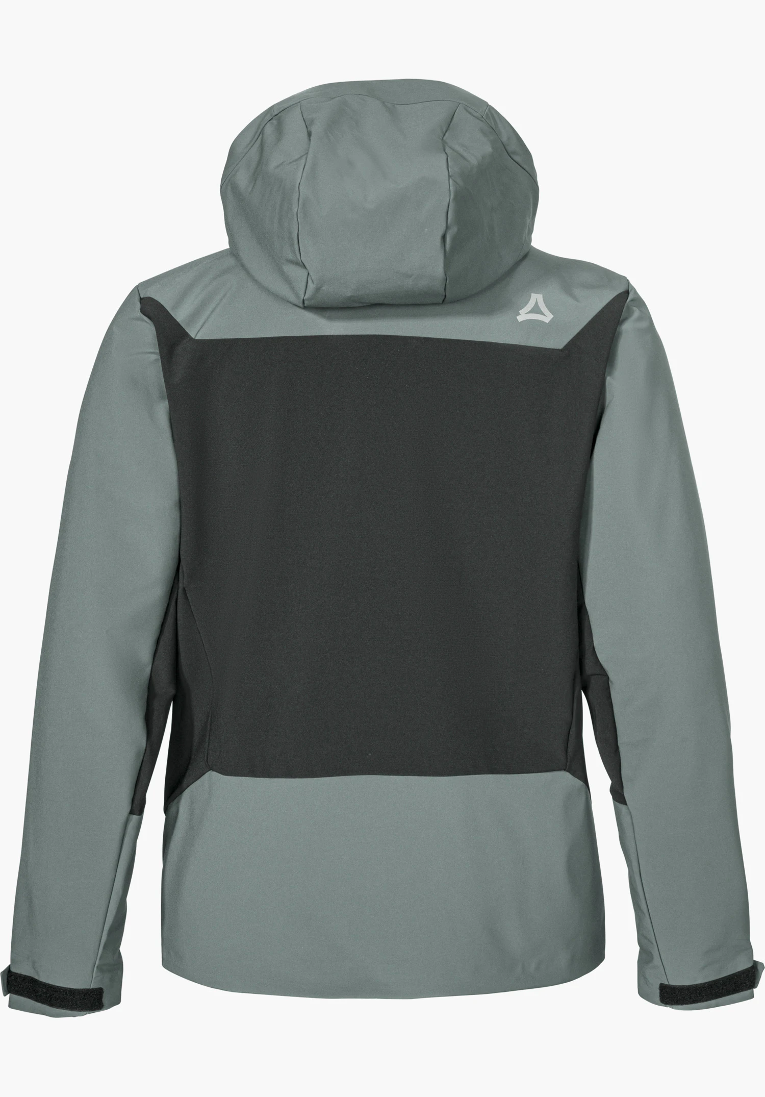 Softshell Jk Style Milagle MNS in grey, shown from the back with a hood, contrasting panels, adjustable cuffs and reflective Schöffel logo, isolated on a white background.