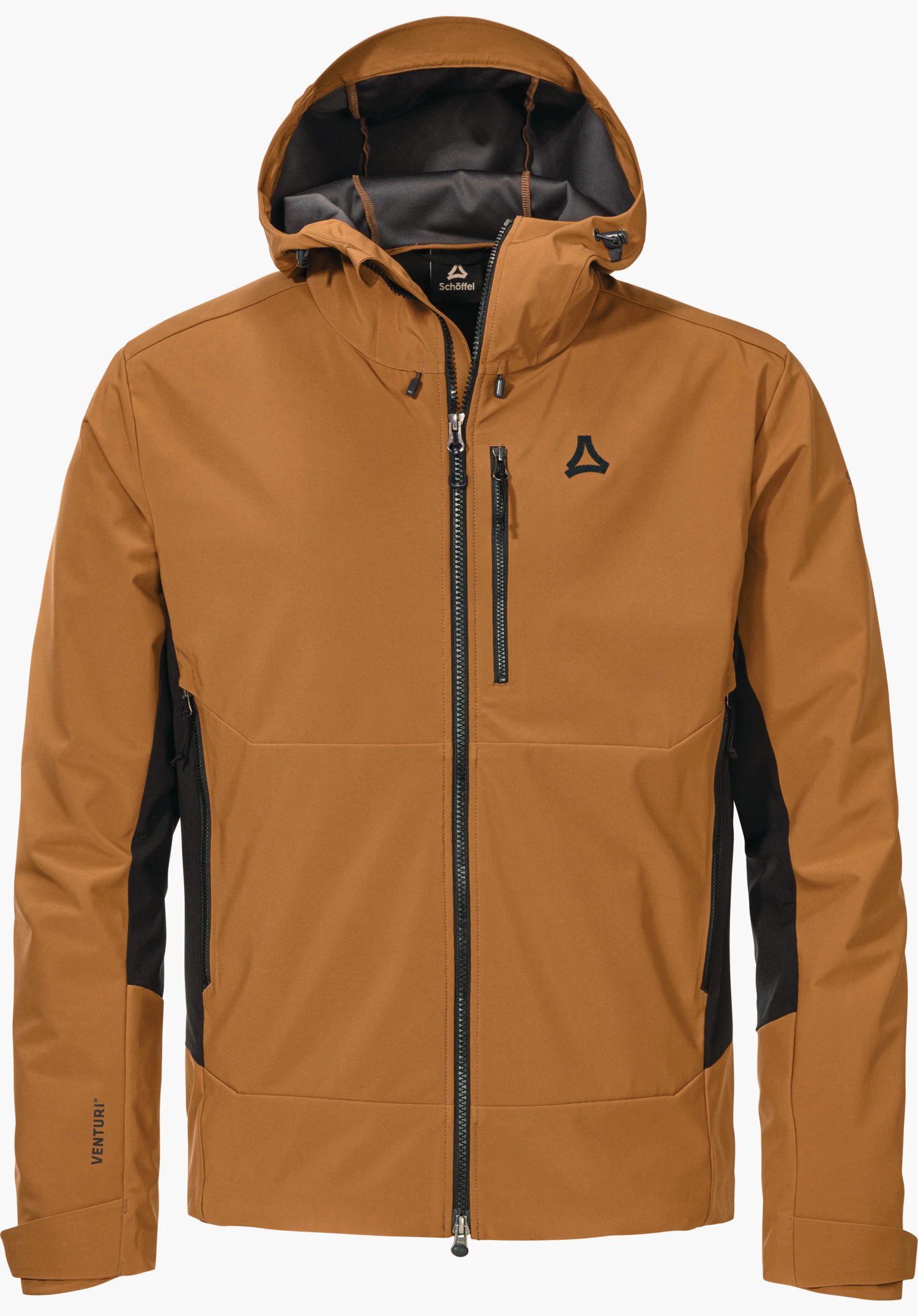 Softshell Jk Style Milagle MNS Softshelljacke, hellbraun mit dunkelbraunen Seiteneinsätzen, mit Reißverschluss und Kapuze, Schöffel-Logo auf linker Brust, Brusttasche und Taschen links und rechts, vor weißem Hintergrund.