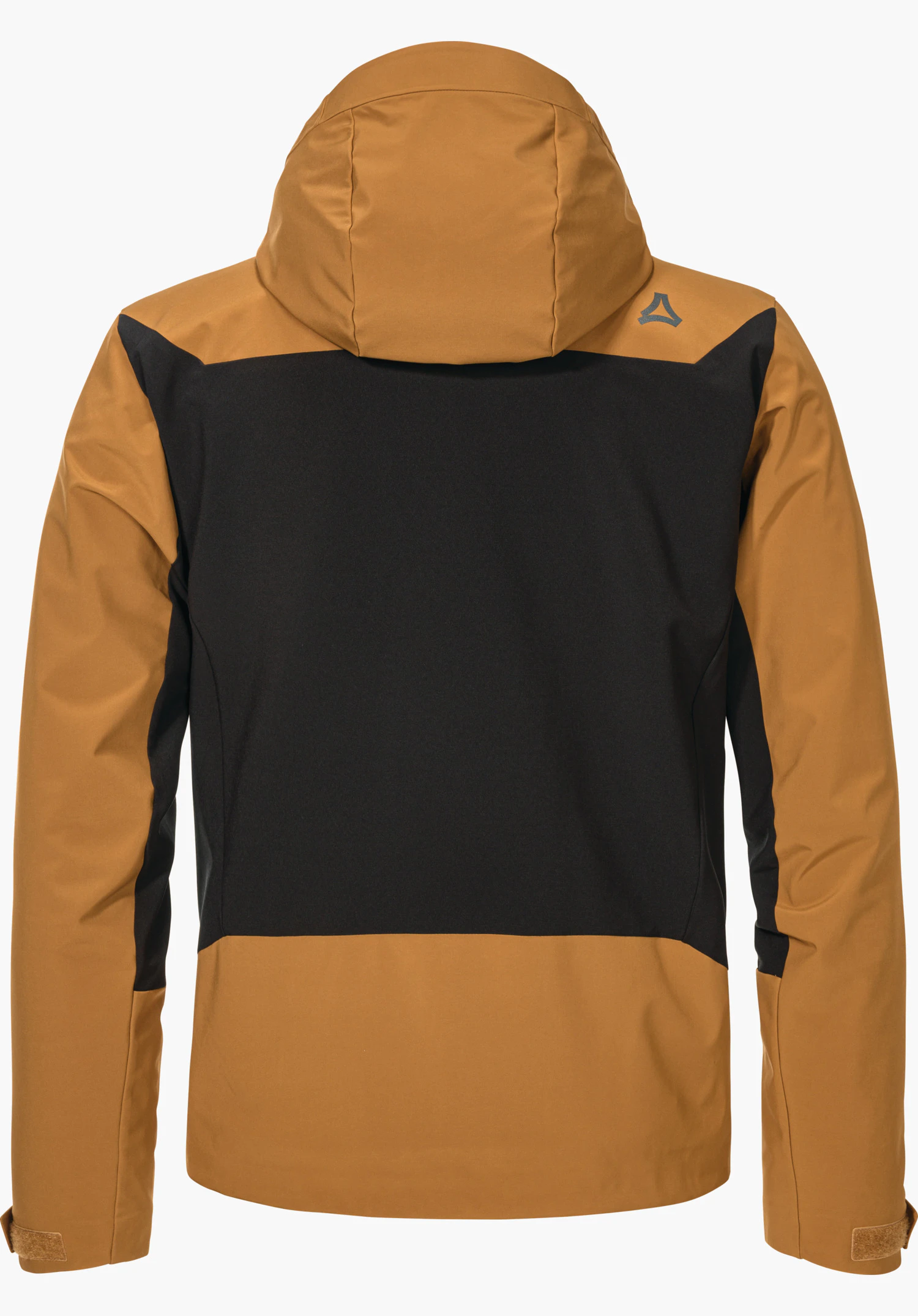 Softshell Jk Style Milagle MNS Jacke zeigt Rückansicht, schwarz und hellbraun, mit Kapuze; Ärmel und unterer Saum dunkelgelb; Schöffel-Logo auf rechter Schulter; neutraler Hintergrund.