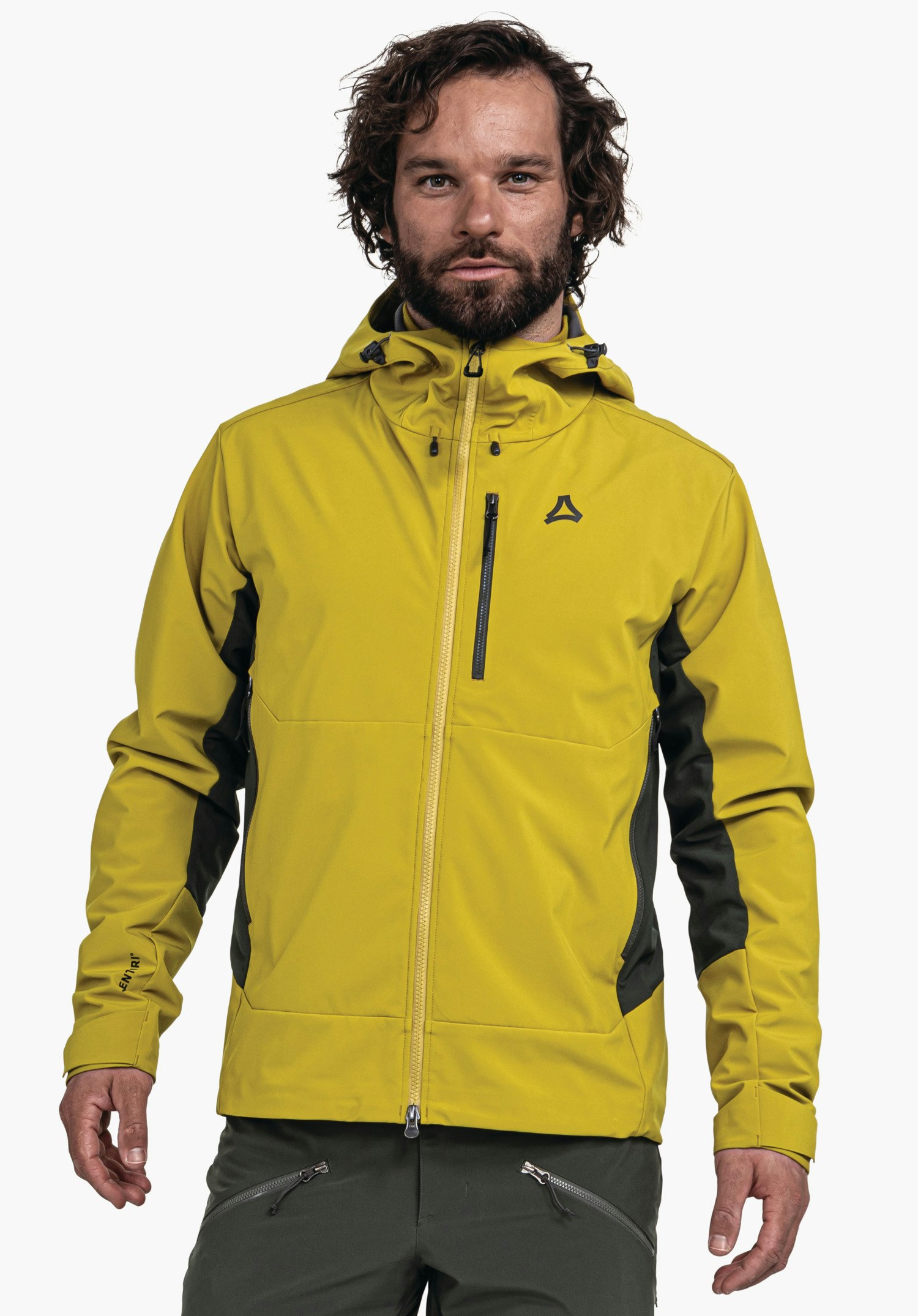 Softshell Jk Style Milagle MNS yellow outdoor jacket, worn front-facing by a man; zip closed, Schöffel logo on the chest, dark green side panels, black zips, white background.