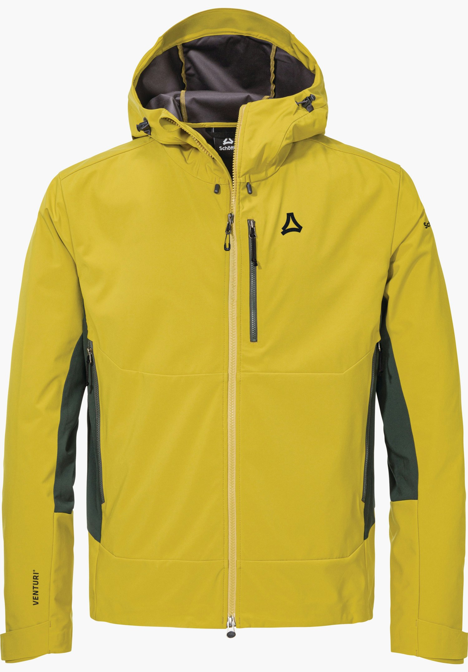 Softshell Jk Style Milagle MNS Softshelljacke, gelb mit dunkelgrauen Seiteneinsätzen, mit Reißverschluss und Kapuze, Schöffel-Logo auf linker Brust, Brusttasche und Taschen links und rechts, vor weißem Hintergrund.