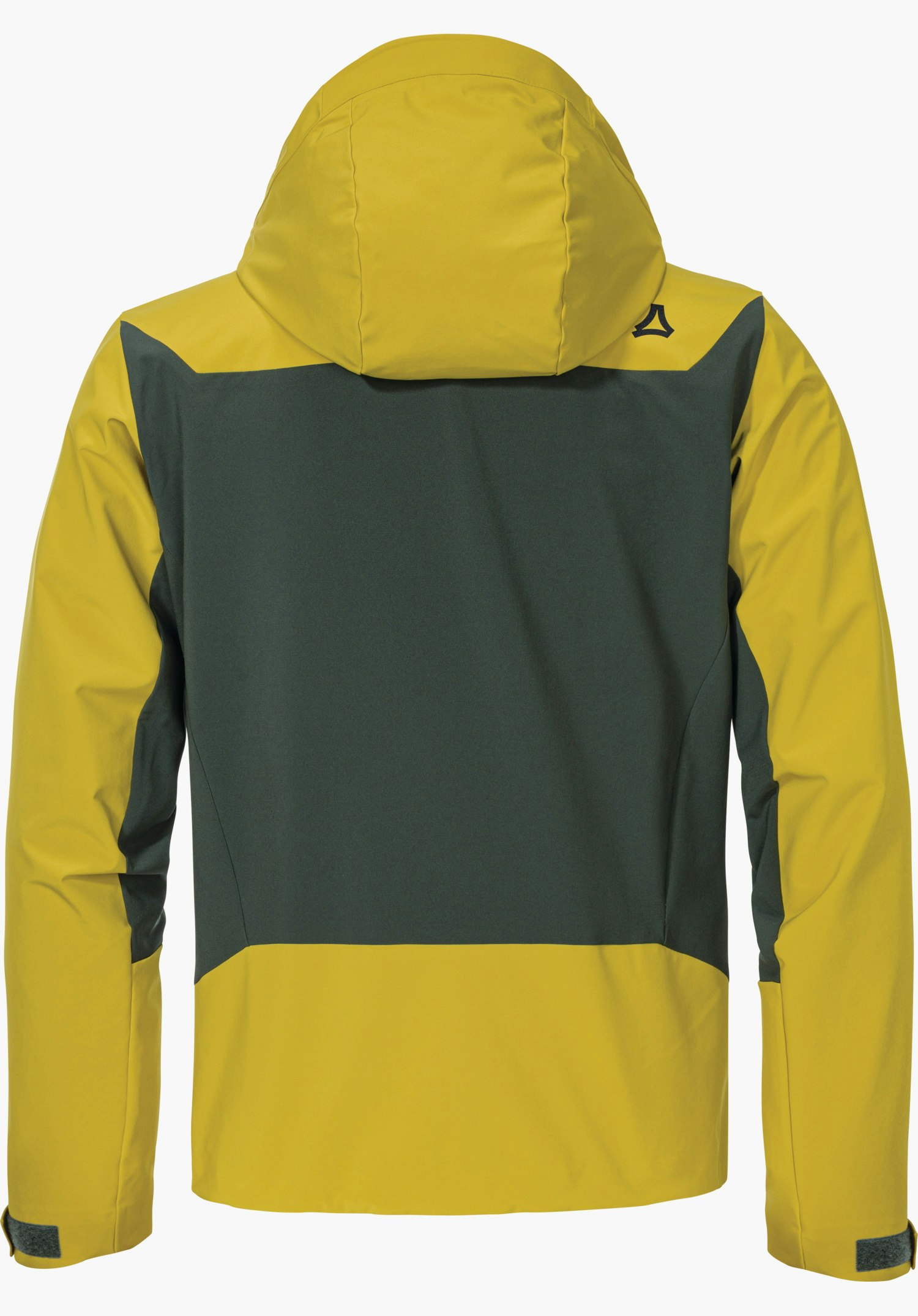 Softshell Jk Style Milagle MNS Jacke, rückseitig präsentiert; Kapuze aufrecht, Ärmel nach unten; Schöffel-Logo auf rechter Schulter; Flächen gelb und dunkelgrün; weißer Hintergrund.