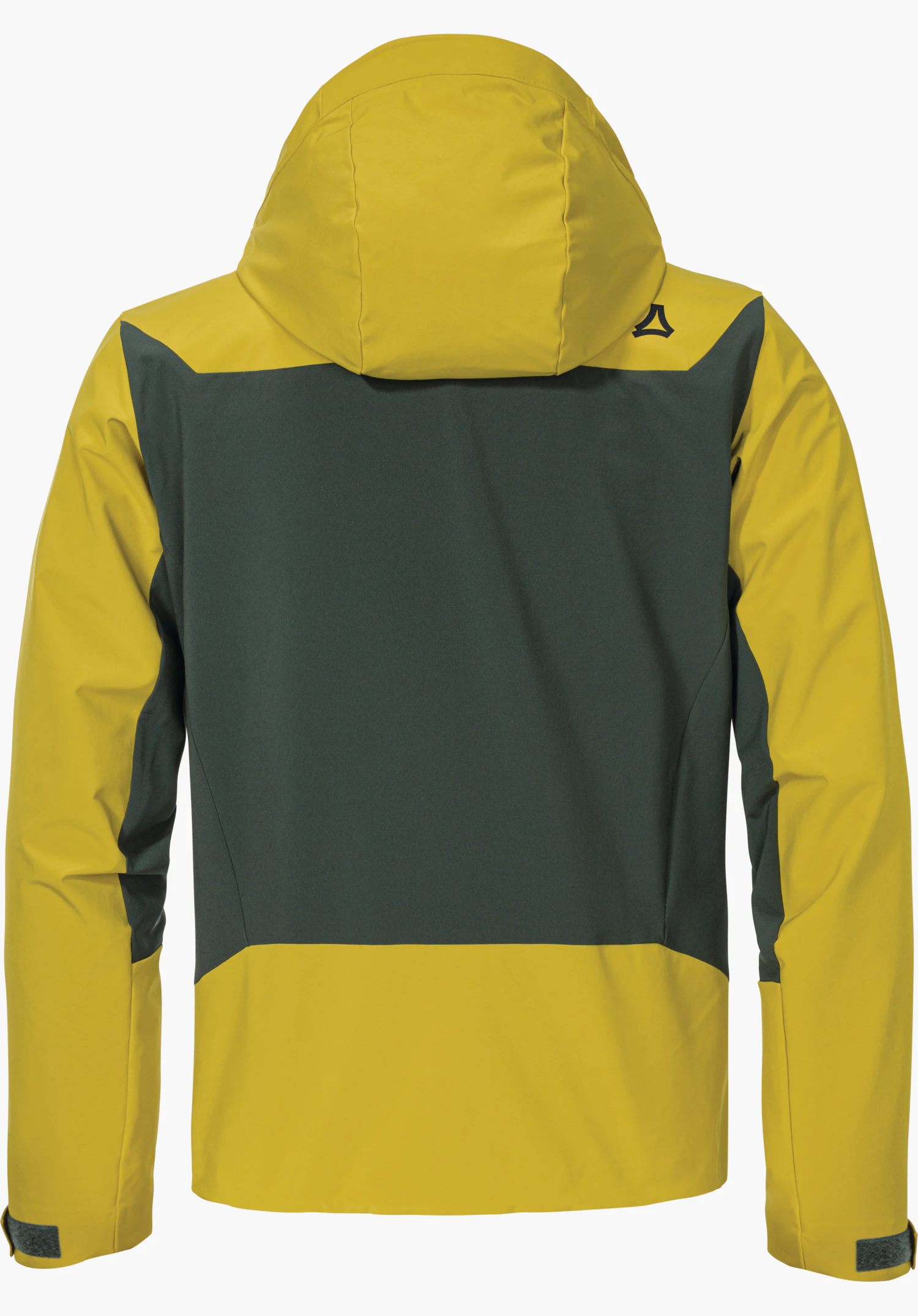 Softshell Jk Style Milagle MNS Jas, achteraanzicht; capuchon rechtop, mouwen omlaag; Schöffel-logo op rechterschouder; vlakken geel en donkergroen; witte achtergrond.