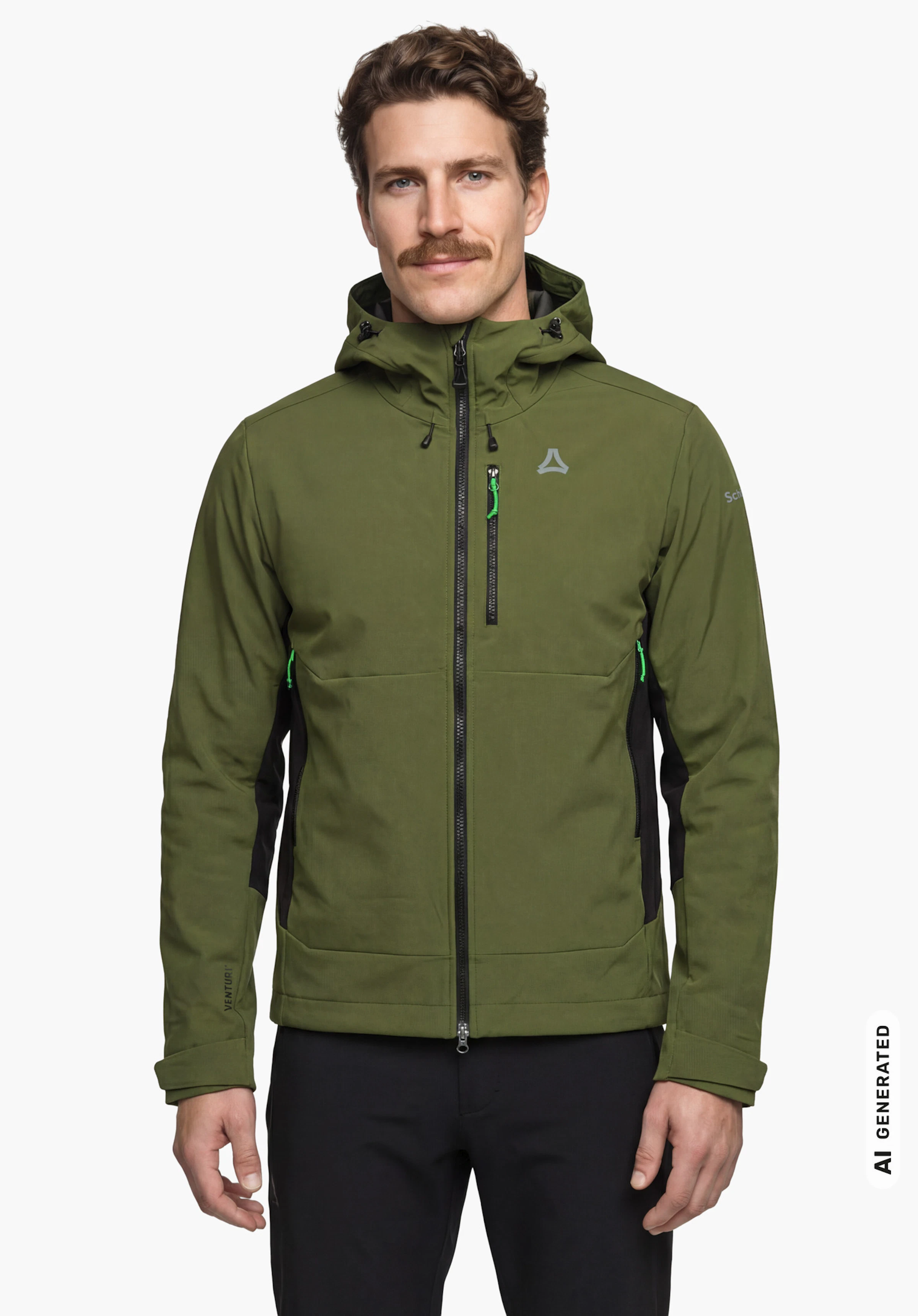 Softshell Jk Style Milagle MNS in groen met Schöffel-logo, gedragen door een mannelijk model dat rechtop staat en van voren wordt getoond met de armen langs het lichaam tegen een witte achtergrond. (AI-gegenereerd)