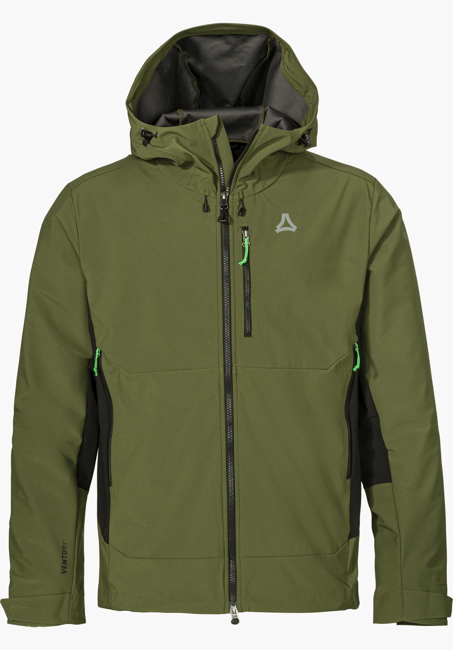 Softshell Jk Style Milagle MNS in green with a hood, front zipper, chest pocket and Schöffel logo, isolated on a white background.