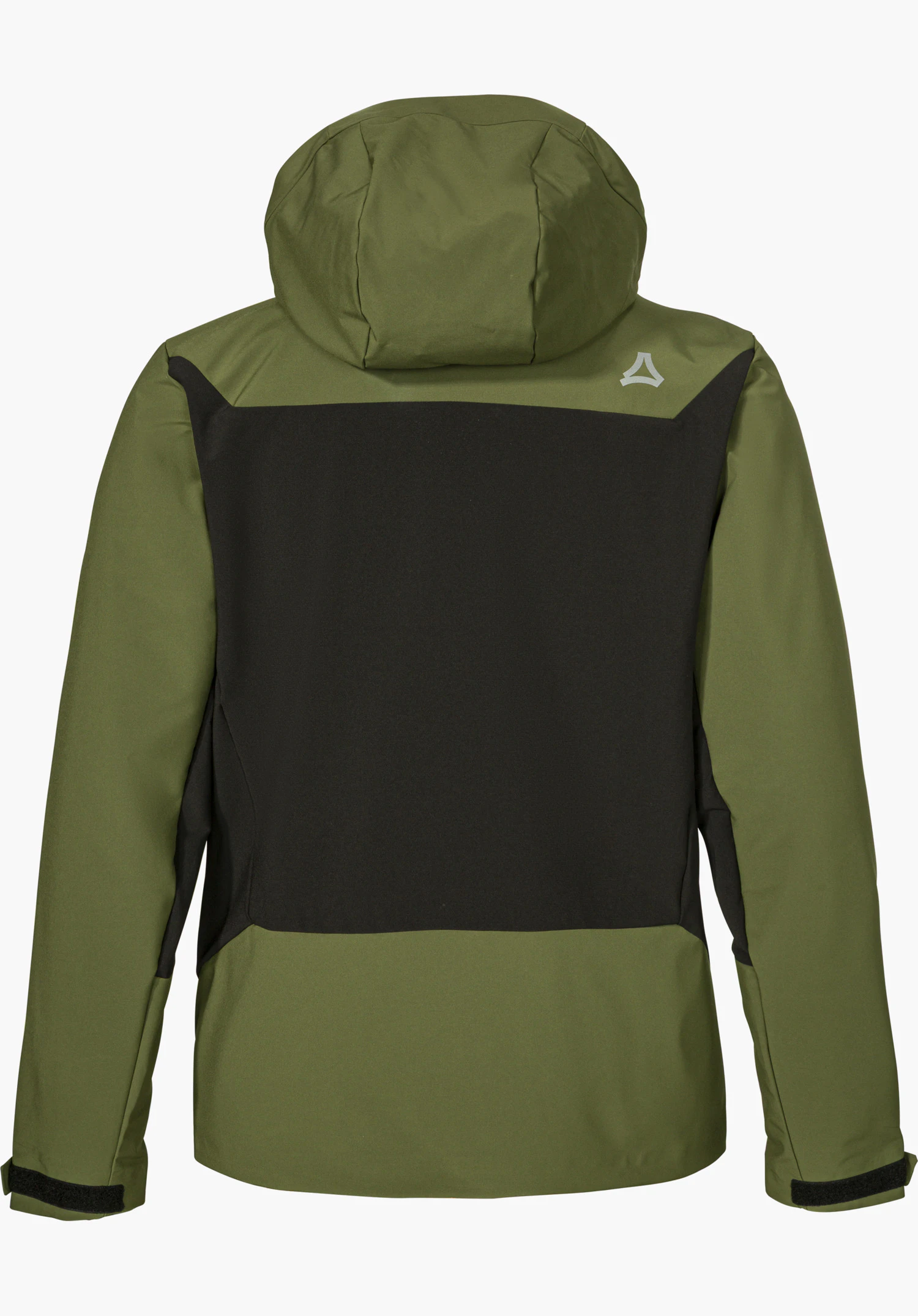 Softshell Jk Style Milagle MNS in green, shown from the back with a hood, black contrasting elements and Schöffel logo, isolated on a white background.