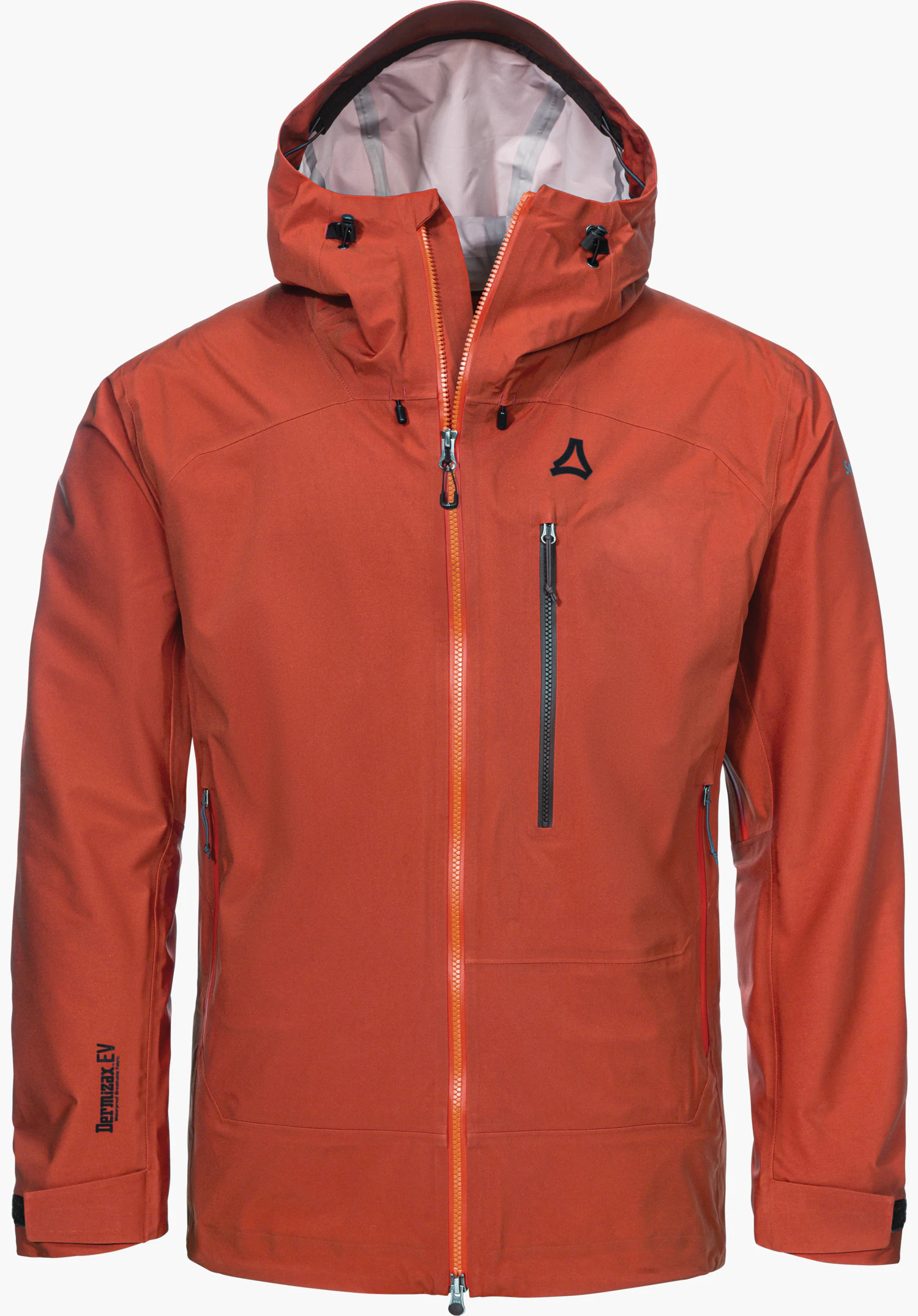 Mountain Jacket Style Milagle MNS Rote Skitourenjacke mit Kapuze und geschlossenem Reißverschluss, Schöffel-Logo auf der Brust; Ärmelschriftzug: "Dermizax EV" und "Schöffel". Weißer Hintergrund.