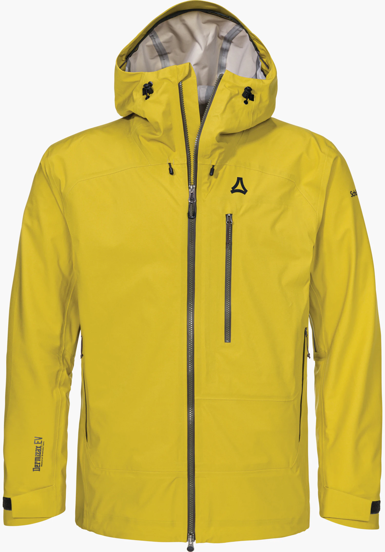 Mountain Jacket Style Milagle MNS yellow ski touring jacket with hood and zip closed; Schöffel logo on the chest; sleeve lettering: “Dermizax EV” and “Schöffel”. White background.