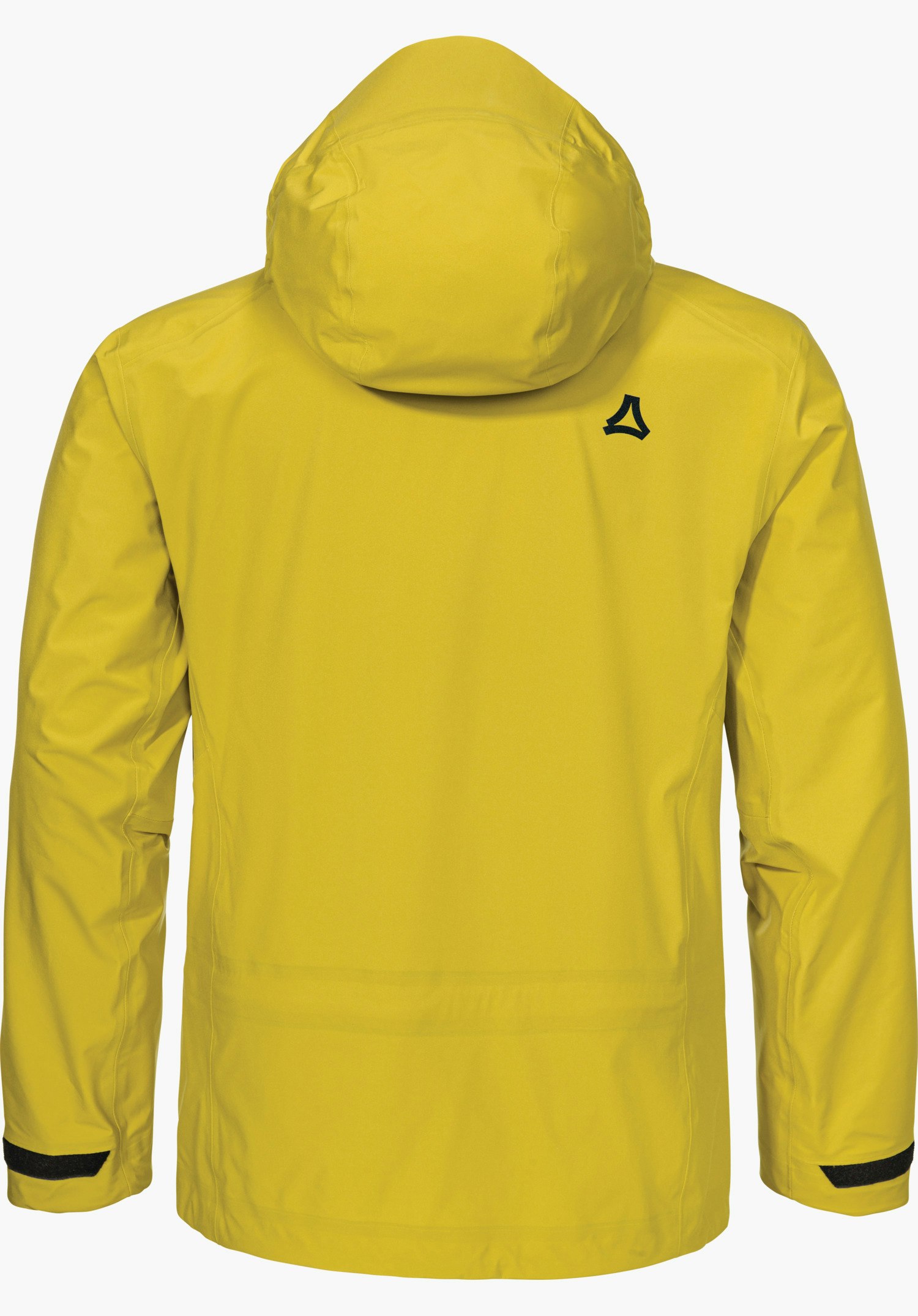 Jacket Style Milagle MNS hellgelbe Skitourenjacke, von hinten abgebildet, mit aufgesetzter Kapuze, ruhend vor weißem Hintergrund; Schöffel-Logo schwarz rechts oben.