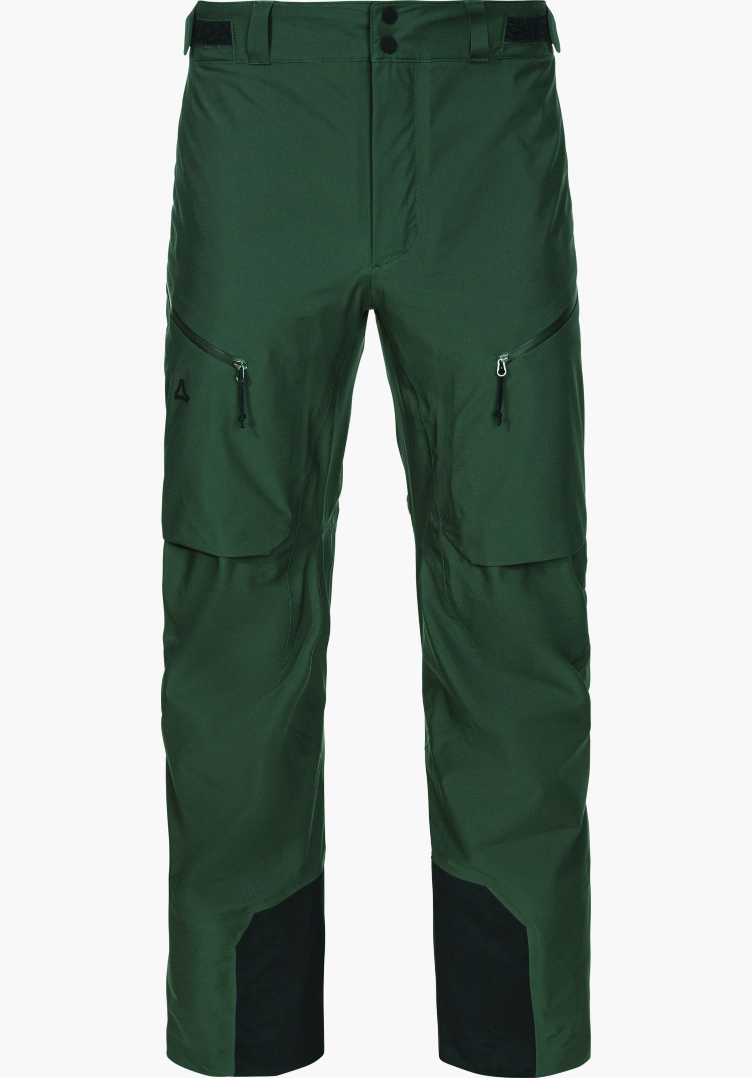Mountain Pants Style Milagle MNS Dunkelgrüne Skitourenhose liegt frontal flach; zeigt zwei schräge Reißverschlusstaschen, verstellbaren Bund und schwarze Beinverstärkungen; Hintergrund weiß.
