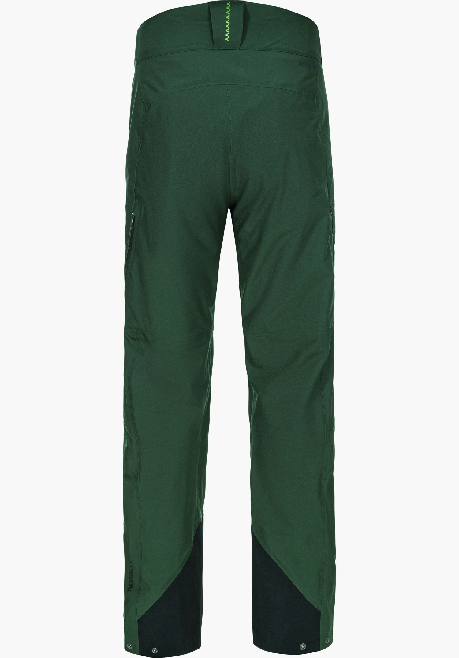 Pants Style Milagle MNS dark green ski touring trousers, presented from the back, with black leg reinforcements and side zip pockets, on a white background. Text: “Schöffel”.