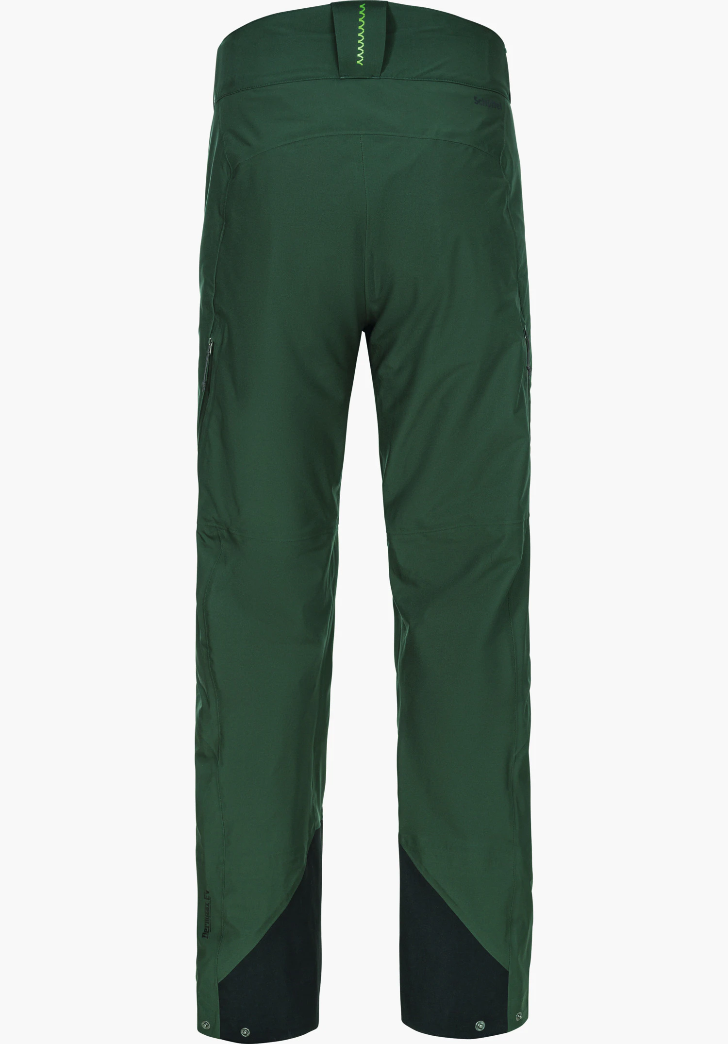 Pants Style Milagle MNS dark green ski touring trousers, presented from the back, with black leg reinforcements and side zip pockets, on a white background. Text: “Schöffel”.
