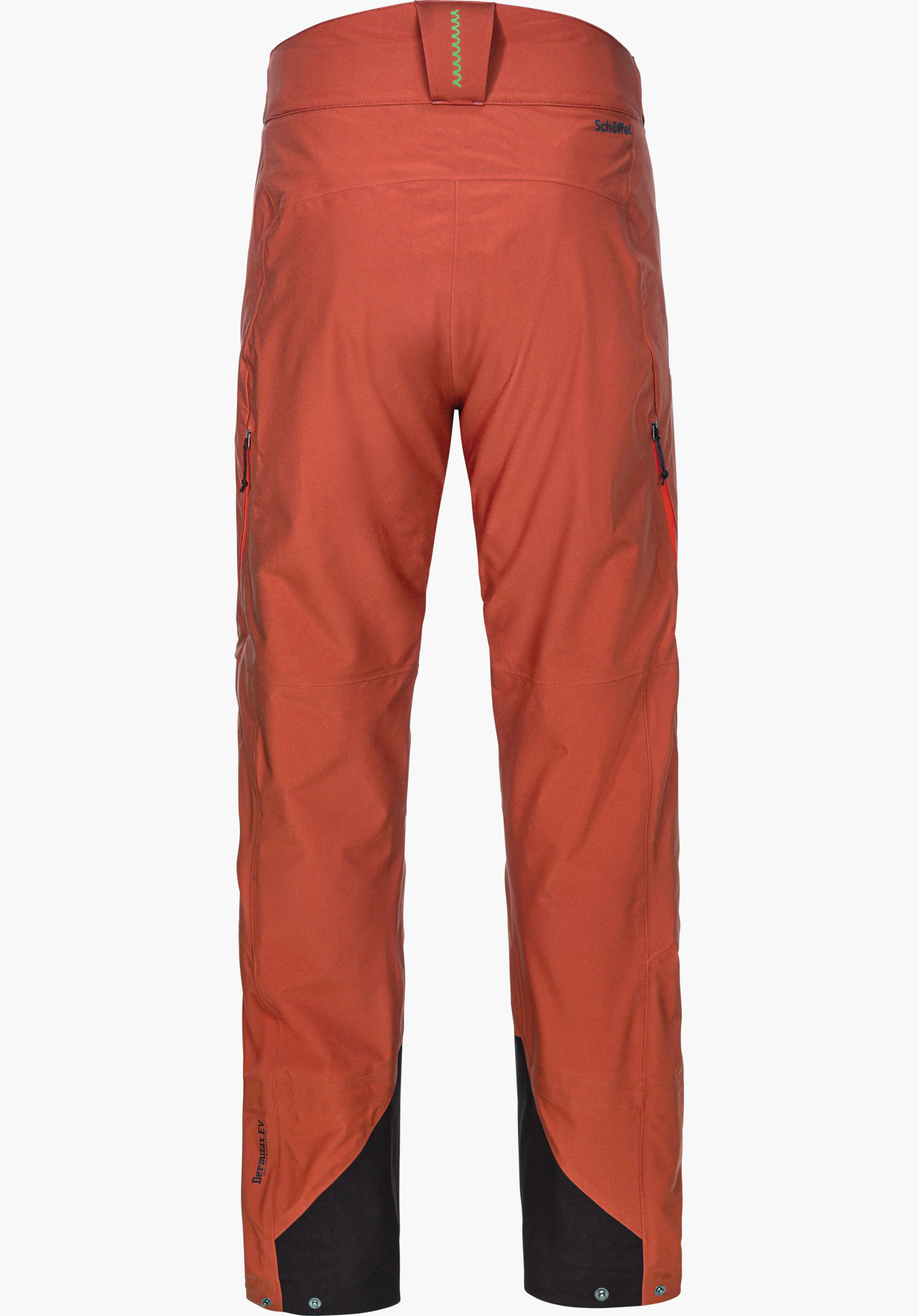 Pants Style Milagle MNS red ski touring trousers, presented from the back, standing silhouette with zip pockets; black leg hems, white background. Text: Schöffel; Dermizax EV.