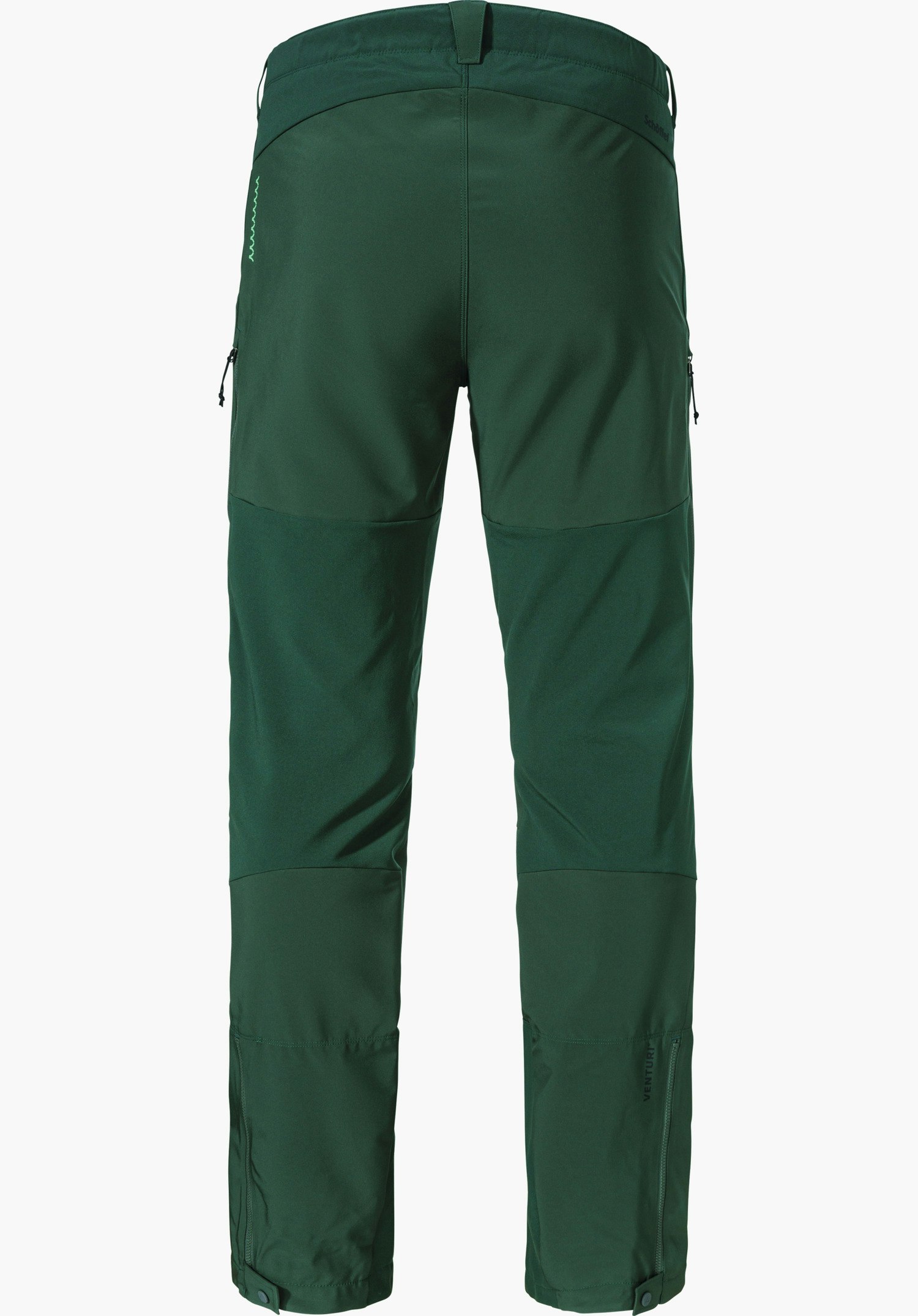 Softshell Pt Style Milagle MNS pantalon softshell vert foncé, vue arrière; présenté droit sur fond blanc; panneaux genoux et cuisses, poches latérales zippées et zips aux bas de jambes. Texte: "VENTURI", "Schöffel".