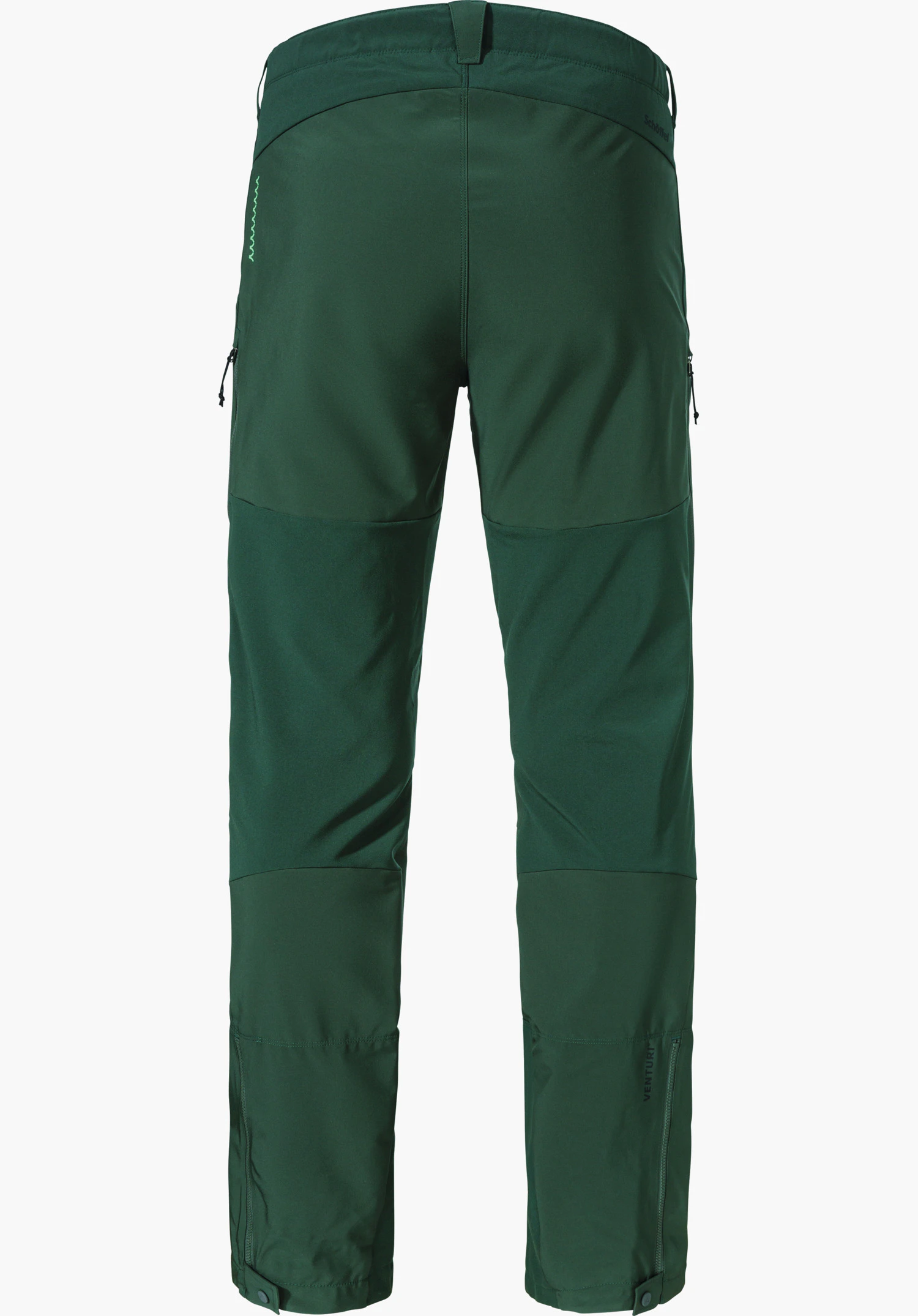 Softshell Pt Style Milagle MNS dark green softshell trousers, rear view, hanging upright against a white background; knee and thigh panels, side zip pockets and leg zips. Text: “VENTURI”, “schöffel”.