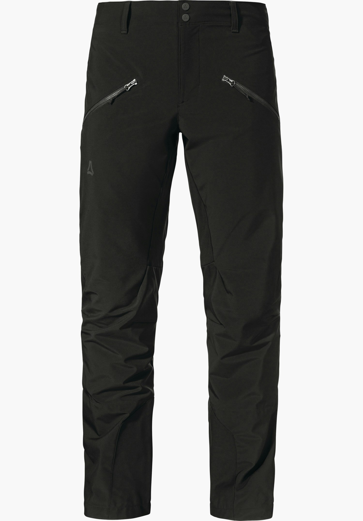 Mountain Softshell Pt Style Milagle MNS schwarze Skitourenhose aus Softshell, gerade geschnitten, mit schrägen Reißverschlusstaschen, Schöffel-Logo am linken Oberschenkel; taillenbetont, vorgeformte Knie, auf weißem Hintergrund präsentiert.