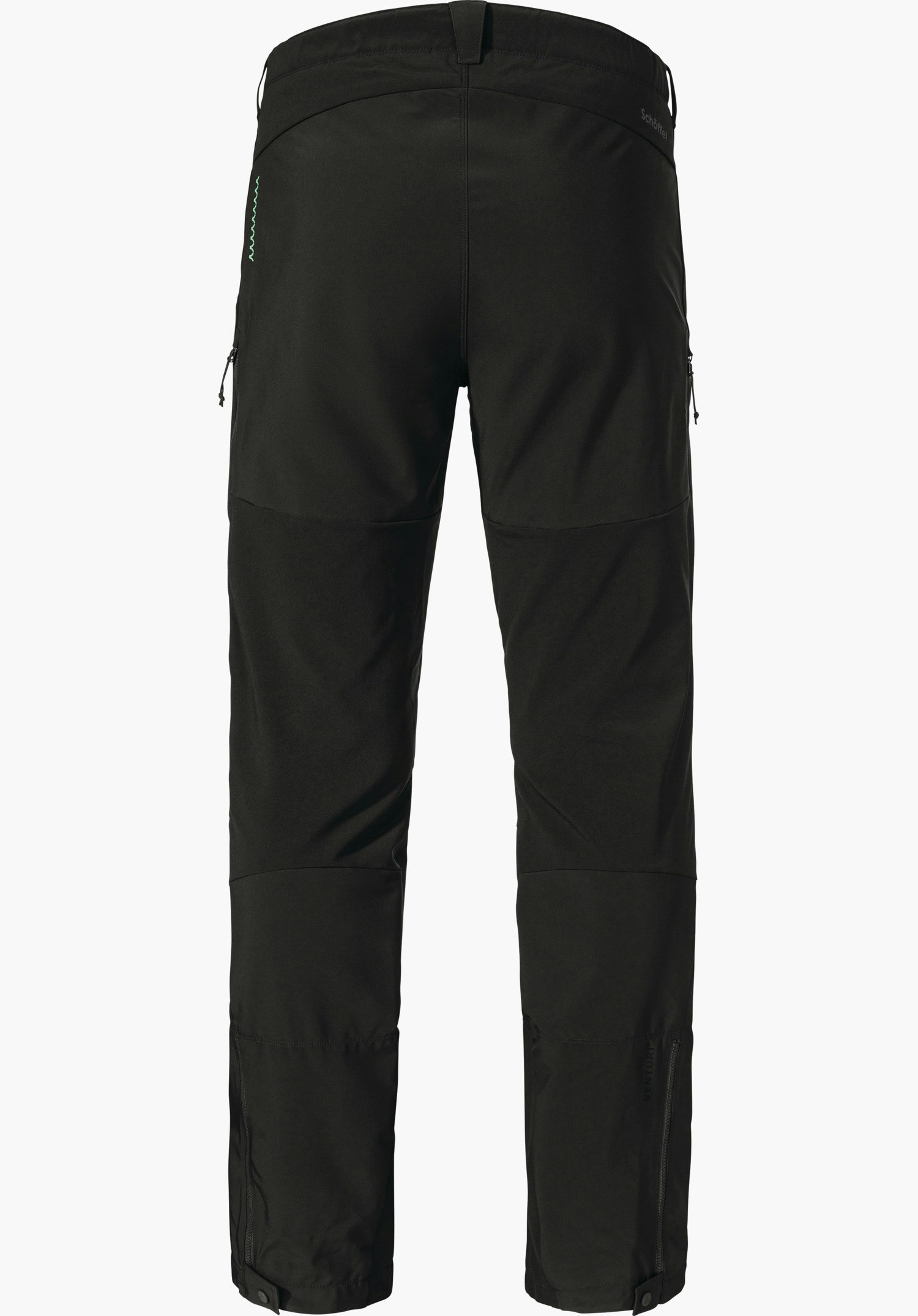 Softshell Pt Style Milagle MNS Schwarze Softshellhose, aufrecht präsentiert; Rückansicht mit seitlichen Reißverschlusstaschen, Knieabnähern und Beinreißverschlüssen. Text: Schöffel, VENTURI.