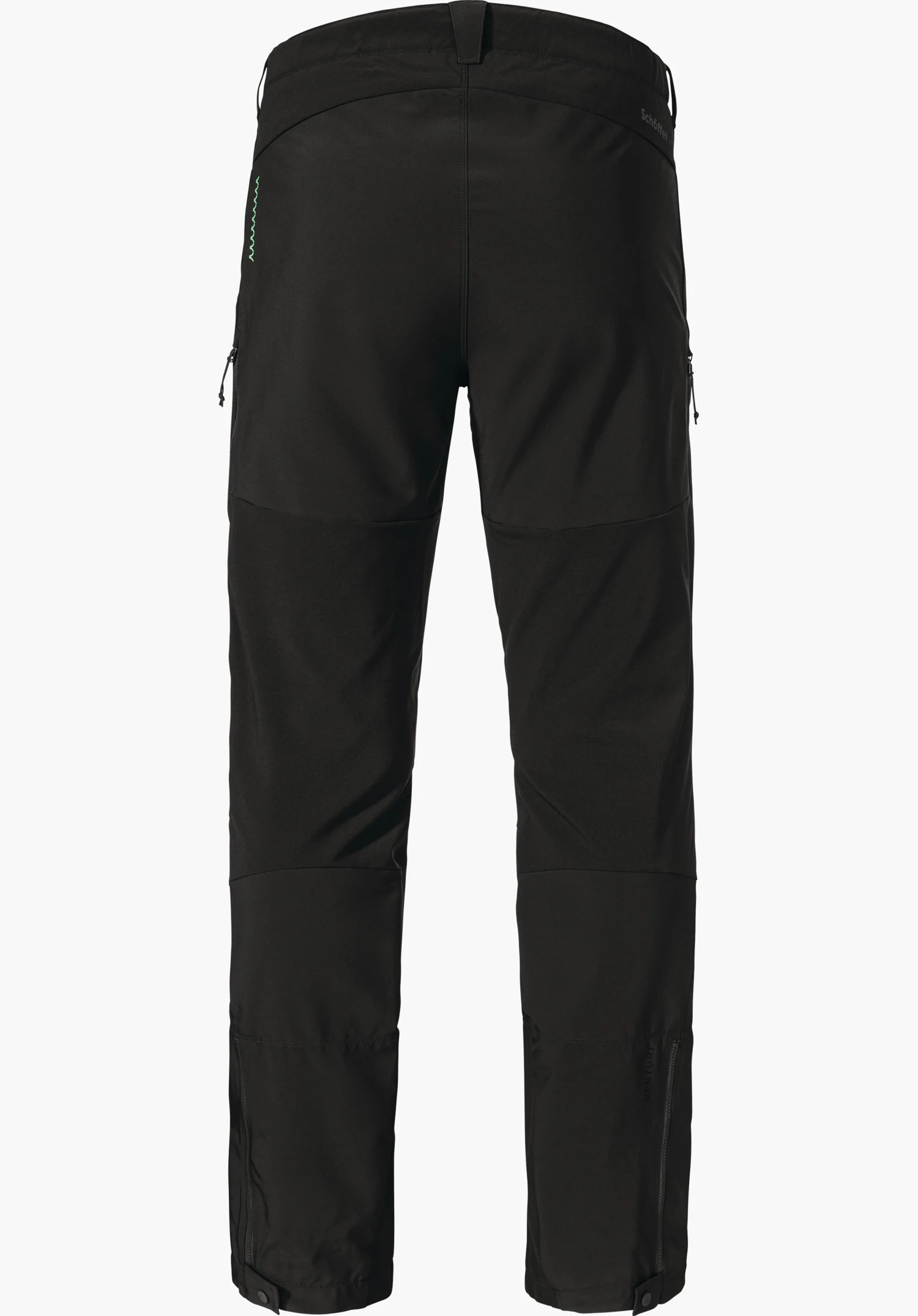Softshell Pt Style Milagle MNS black softshell trousers, presented upright; rear view with side zip pockets, knee darts and leg zips. Text: Schöffel, VENTURI.