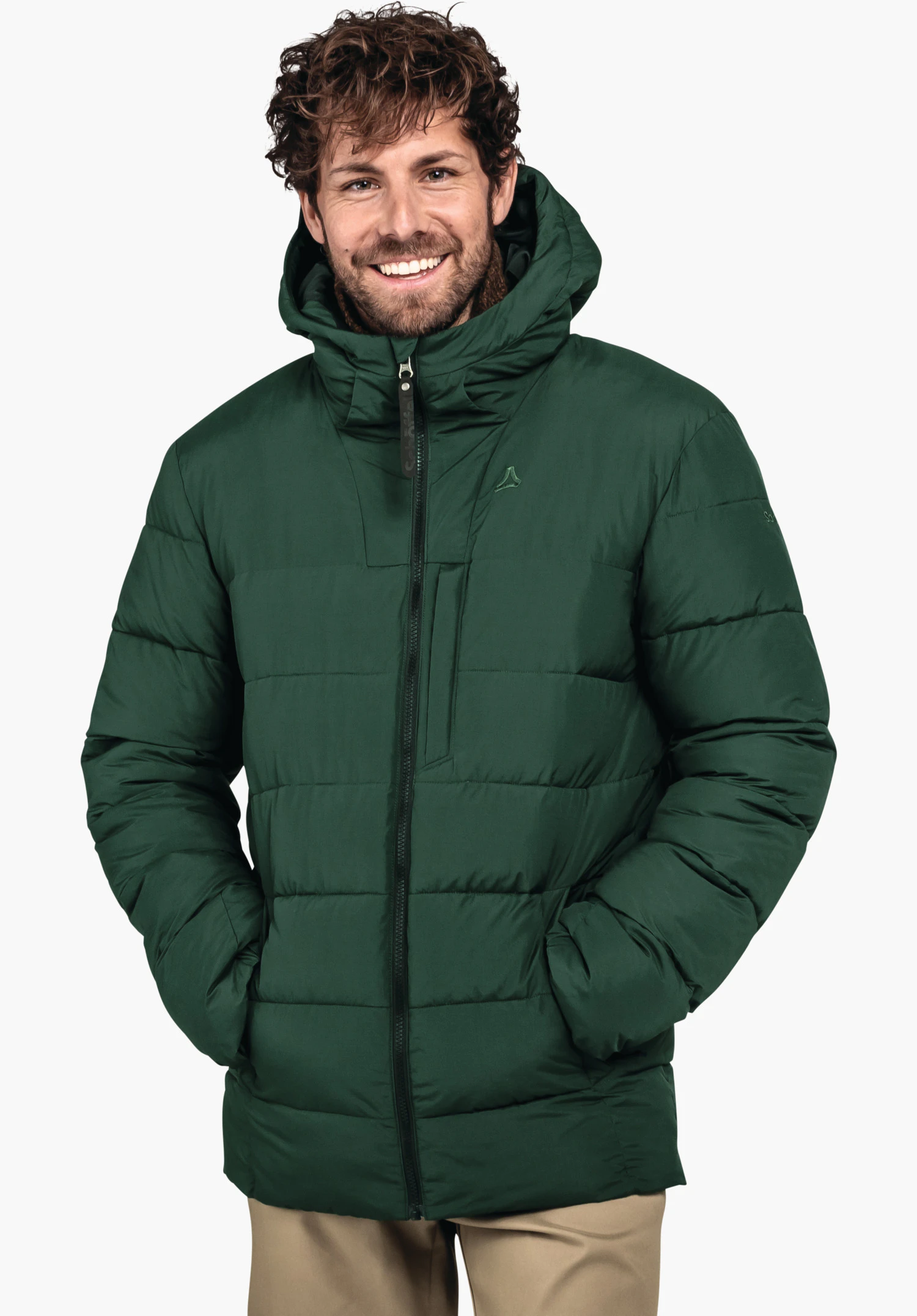 Ins Jacket Style Boslix MNS dark green quilted jacket, worn by a smiling man with hands in pockets, Schöffel logo on the chest, white background.