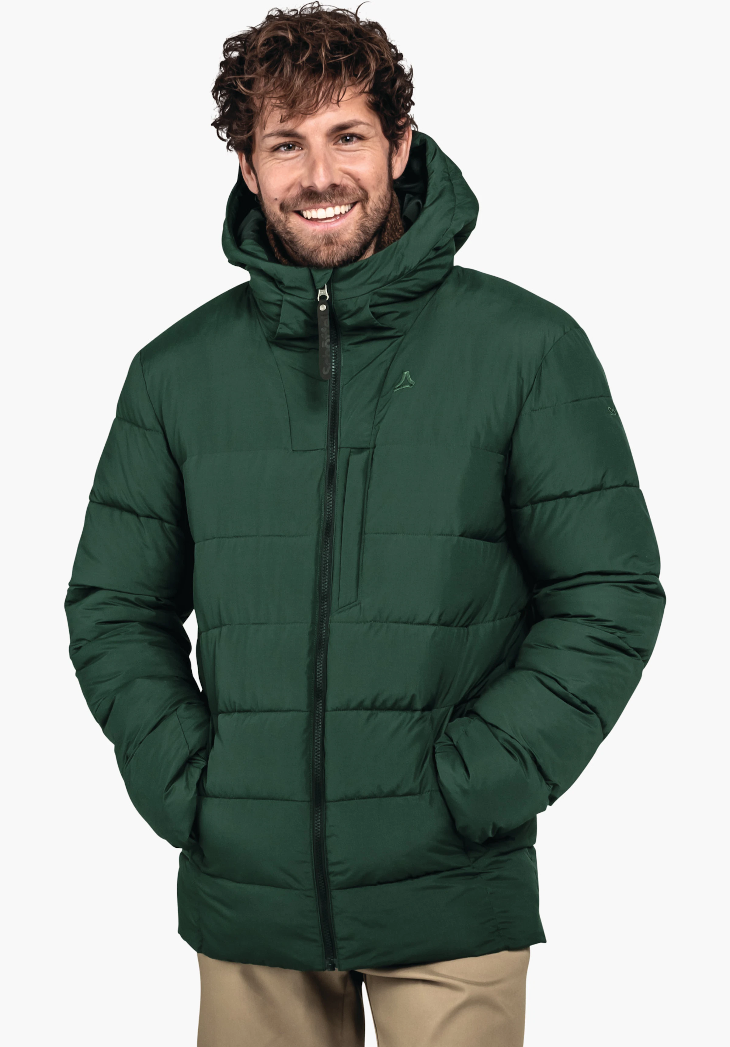 Ins Jacket Style Boslix MNS dark green quilted jacket, worn by a smiling man with hands in pockets, Schöffel logo on the chest, white background.