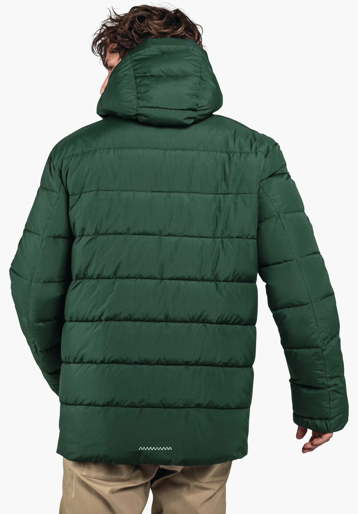 Ins Jacket Style Boslix MNS dark green padded hooded jacket worn by a person with their back to the viewer; arms slightly lowered; plain white background, light trousers visible.