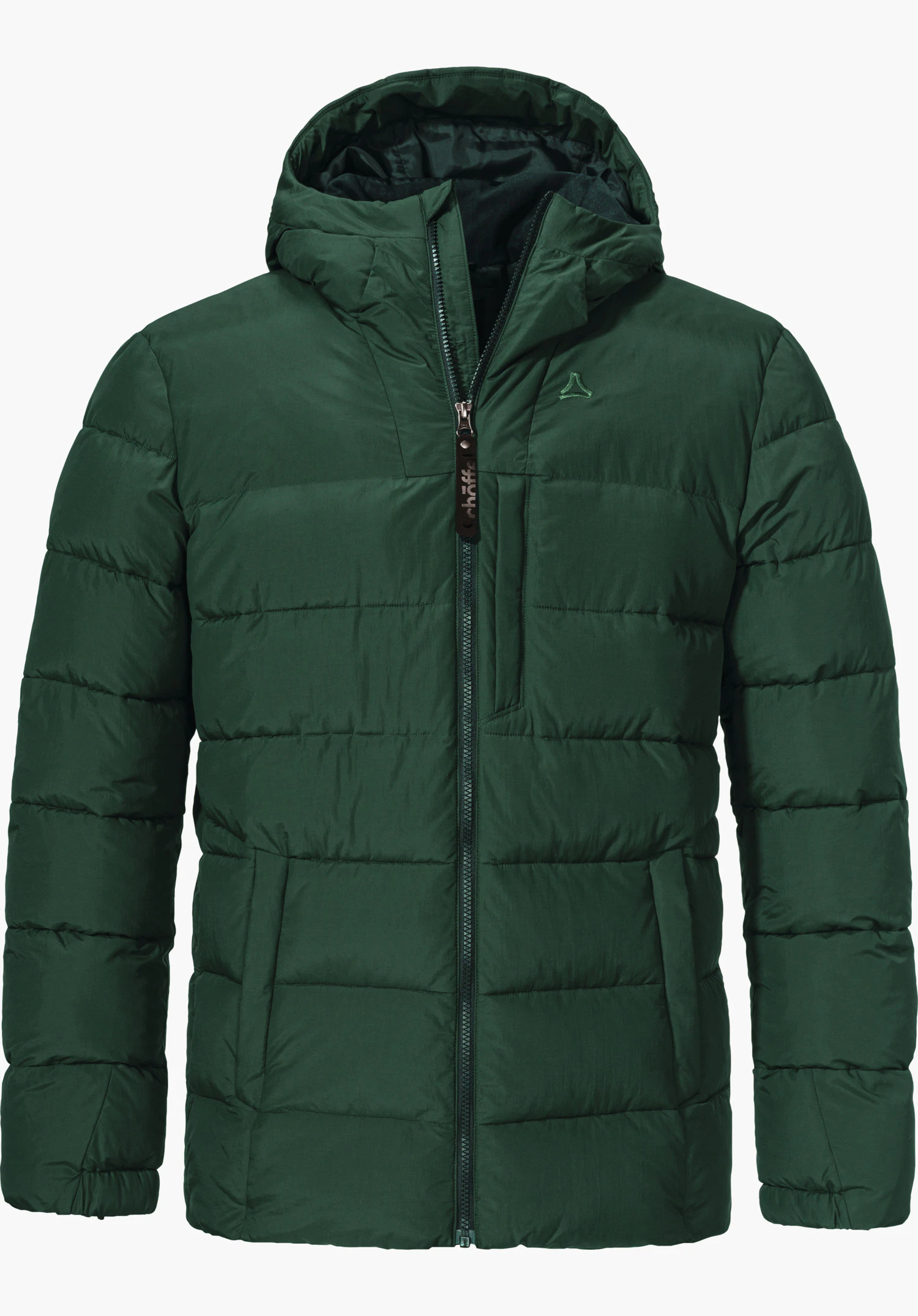 Ins Jacket Style Boslix MNS dark green quilted insulated jacket with hood, front zip closed; Schöffel logo on the chest; zip puller text: “schöffel”; white background.