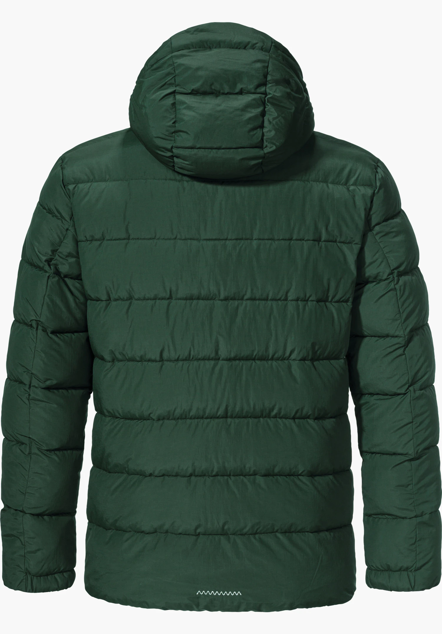 Ins Jacket Style Boslix MNS dark green padded insulation jacket, rear view; with hood, horizontally quilted, long sleeves; isolated on a white background.