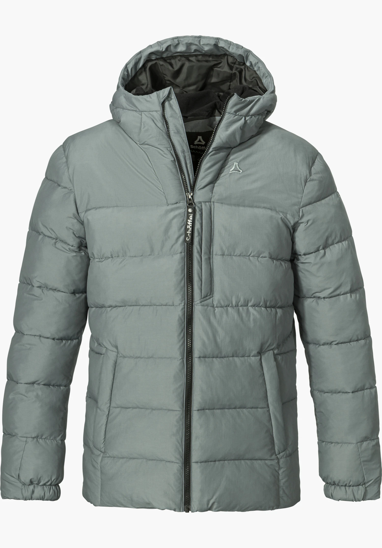 Ins Jacket Style Boslix MNS Isolationsjacke in Grau mit Kapuze, durchgehendem Reißverschluss, sichtbarem Schöffel-Logo und Schöffel-Schriftzug in Frontansicht freigestellt vor weißem Hintergrund.