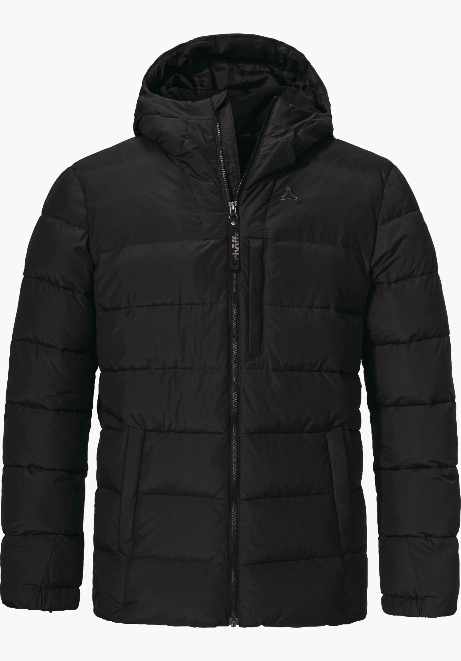 Ins Jacket Style Boslix MNS black quilted insulated jacket with hood, zipped up from the front; two side pockets and chest zip with “Schöffel” zip tape; Schöffel logo on the chest; isolated on a white background.