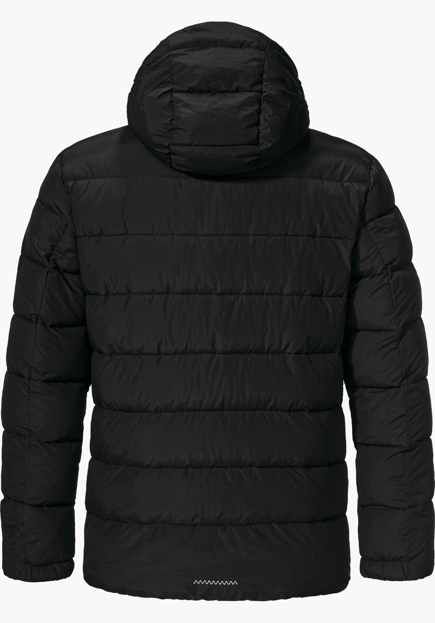 Ins Jacket Style Boslix MNS Schwarze gesteppte Isolationsjacke, hinten betrachtet, mit Kapuze und horizontalen Steppnähten, Ärmel seitlich, glatt liegend auf weißem Hintergrund.