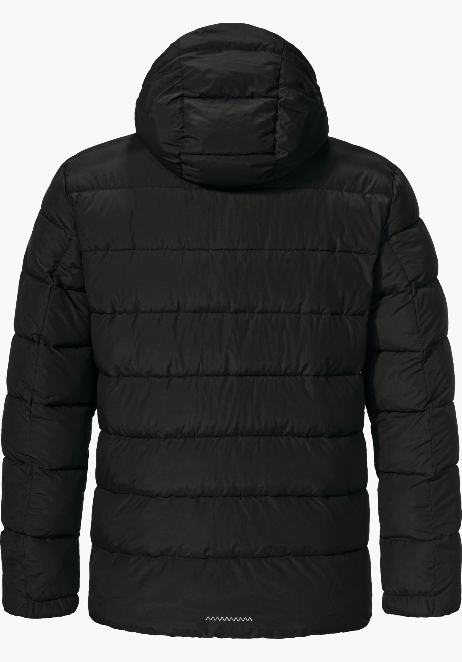 Ins Jacket Style Boslix MNS black padded insulation jacket, viewed from the back, with hood and horizontal quilting; sleeves positioned to the sides, laid flat on a white background.