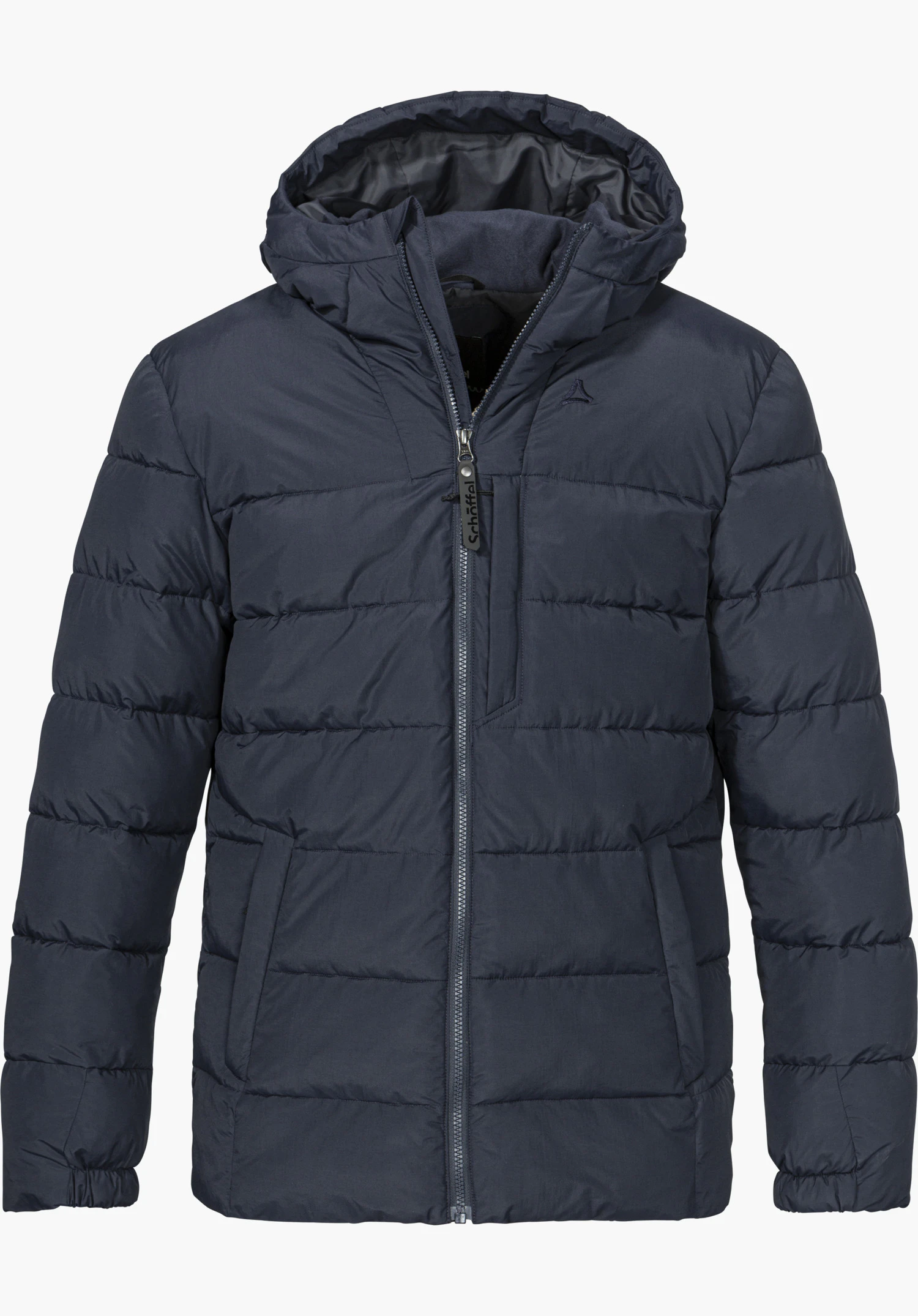 Ins Jacket Style Boslix MNS Isolationsjacke in Blau in Frontansicht mit Kapuze, durchgehendem Reißverschluss und Schöffel-Logo, freigestellt vor weißem Hintergrund.