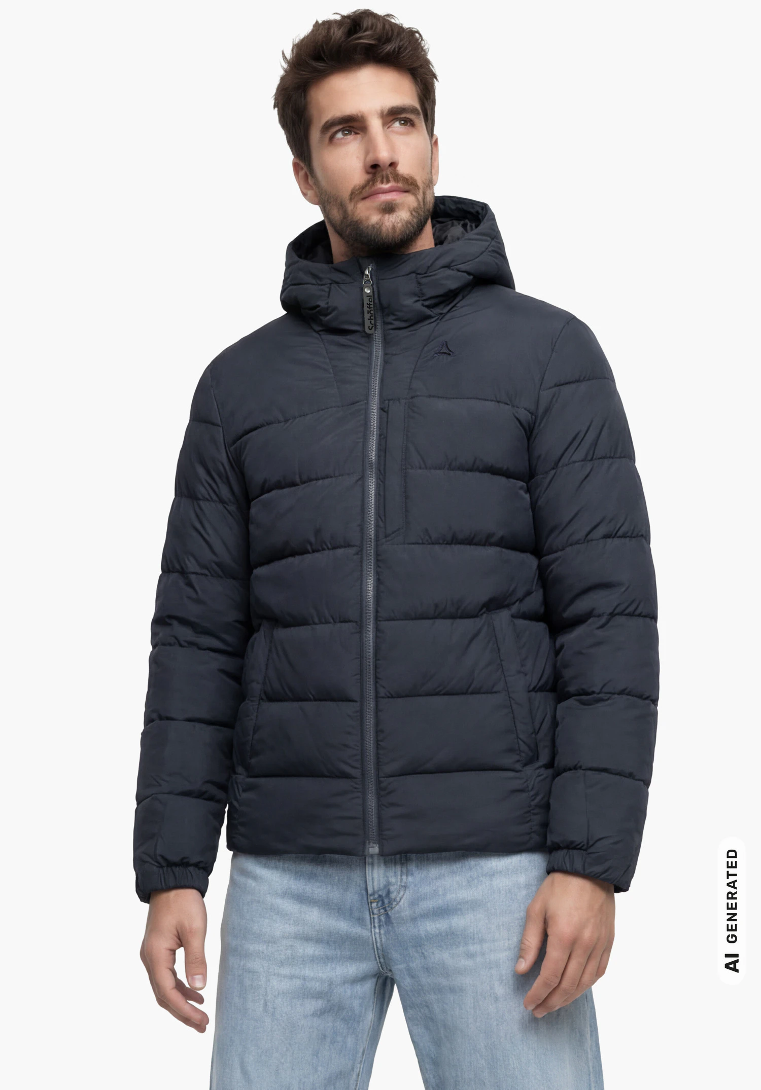 Ins Jacket Style Boslix MNS in blau mit Kapuze und Schöffel-Logo, getragen von einem männlichen Model im aufrechten Stand in Frontansicht vor weißem Hintergrund. (KI-generiert)