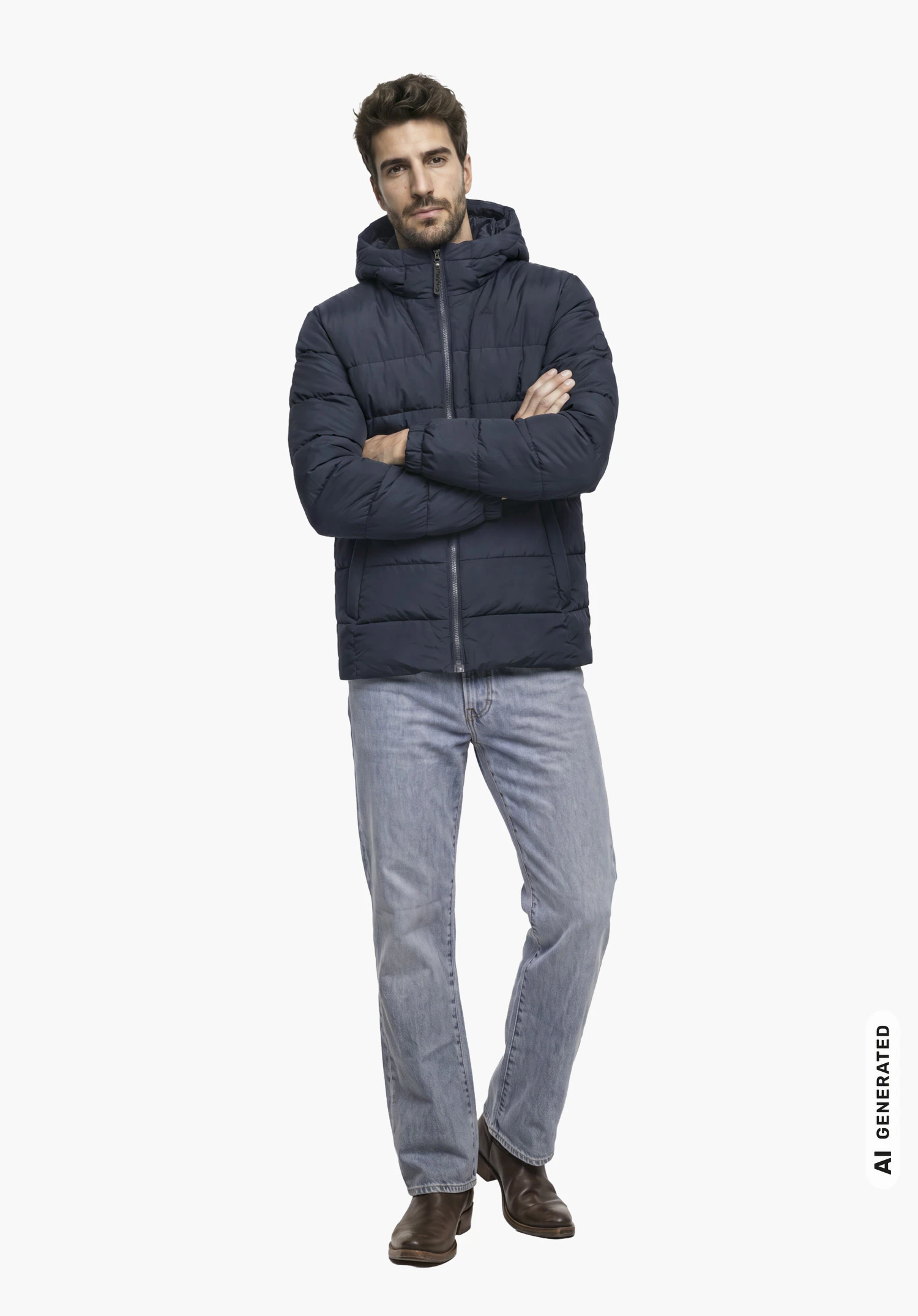 Ins Jacket Style Boslix MNS in blue with a hood, worn by a male model with crossed arms in a side view against a white background. (AI-generated)