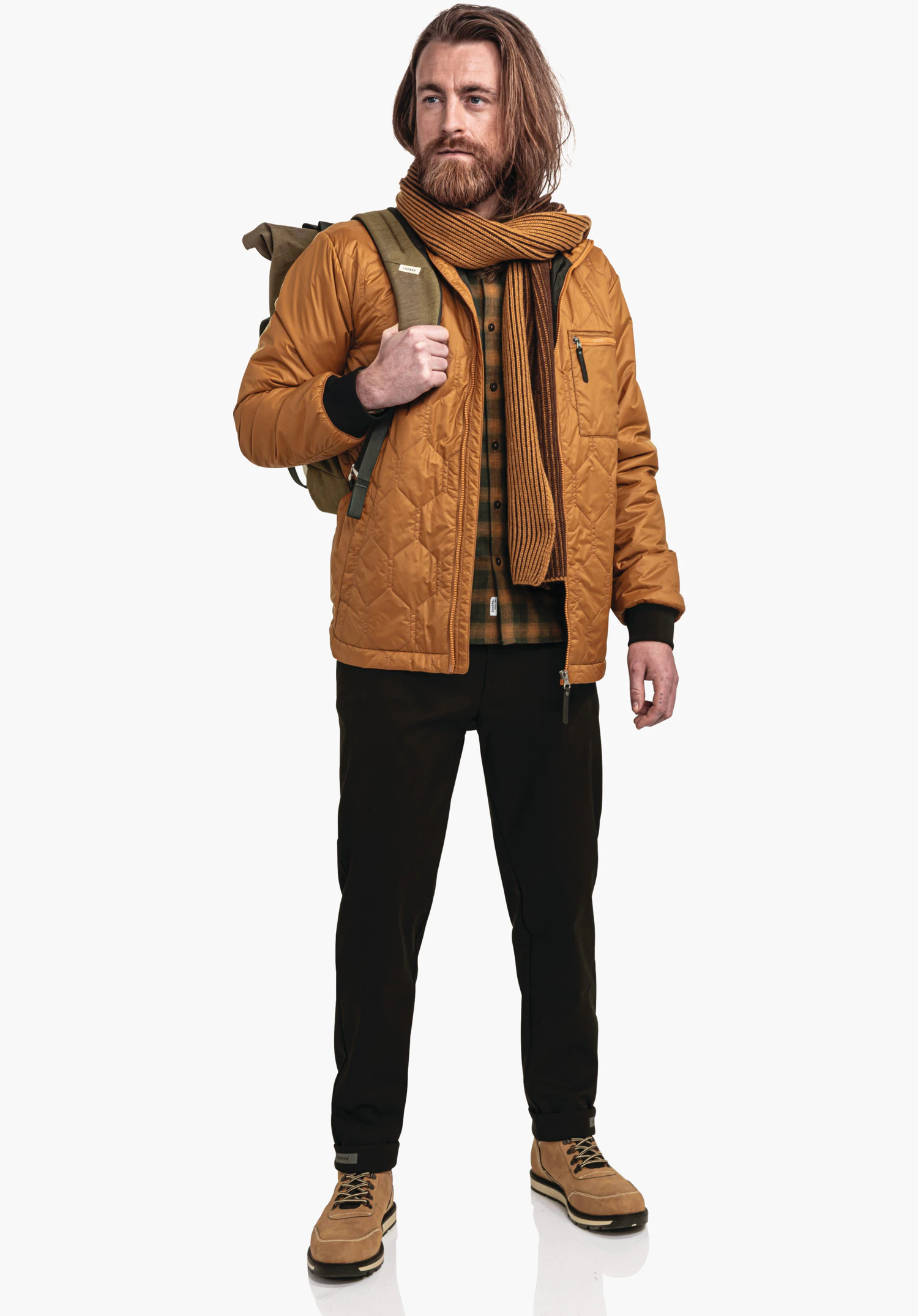 Ins Jacket Style Malkay MNS, Fokus auf die rautenförmige Steppung des braunen Materials und den vertikalen Reißverschluss der Brusttasche, Nahaufnahme vor weißem/neutralem Hintergrund.