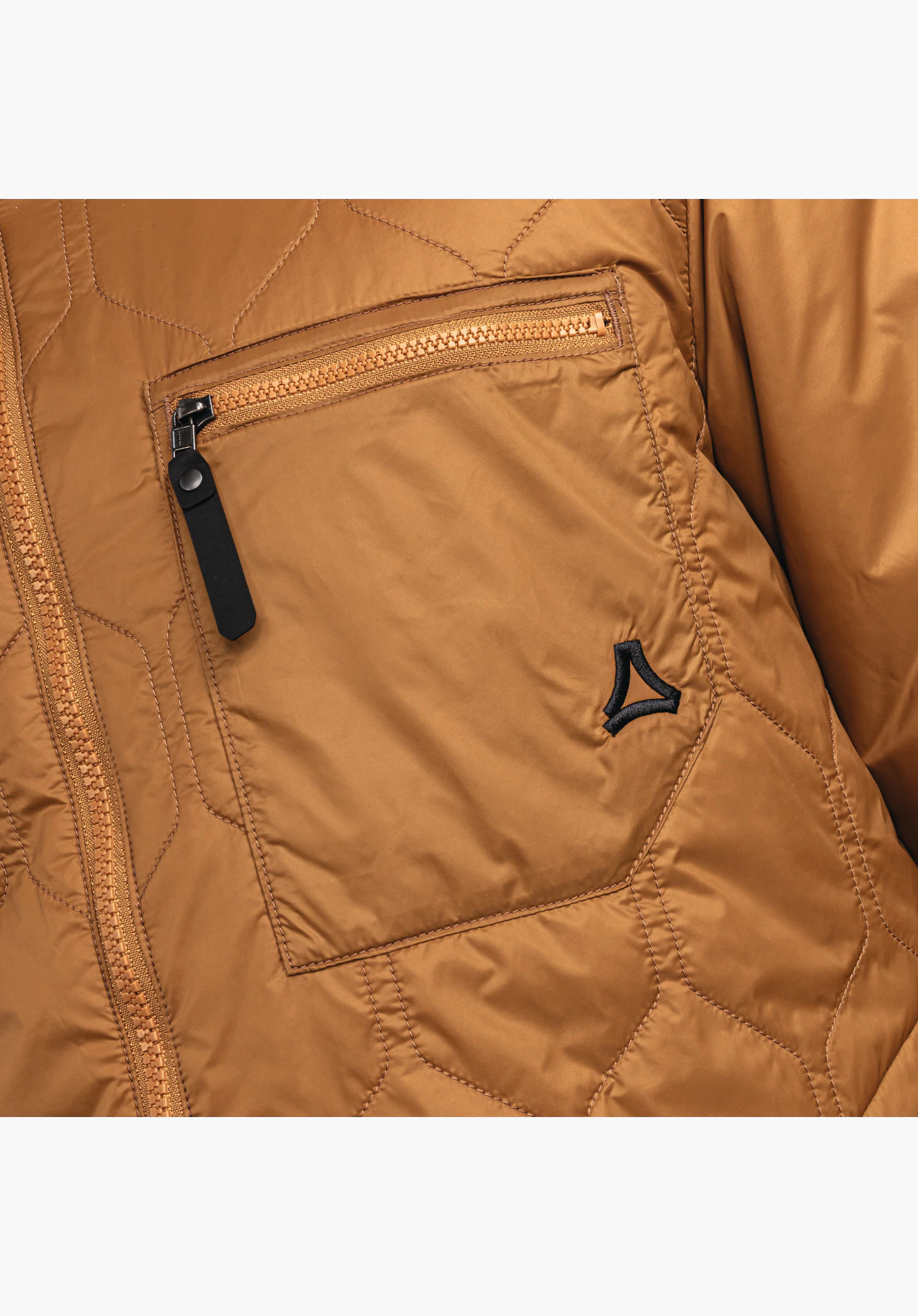 Ins Jacket Style Malkay MNS, Detailansicht der braunen Brusttasche mit Reißverschluss und kleinem Schöffel-Logo auf dem gesteppten Material, Nahaufnahme vor weißem/neutralem Hintergrund.
