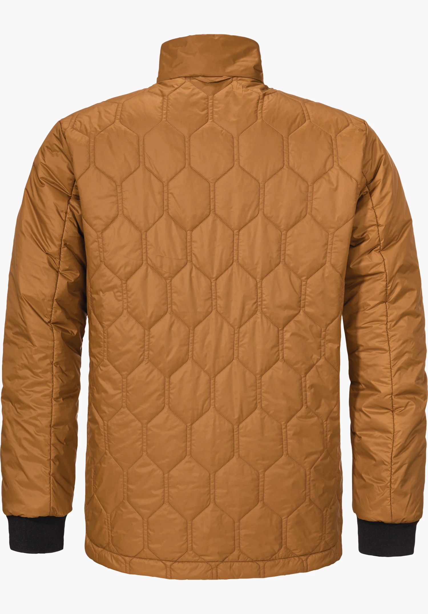 Ins Jacket Style Malkay MNS Hellbraune, gesteppte Isolationsjacke, Rückenansicht, hängt präsentiert; hexagonale Steppung, lange Ärmel mit schwarzen Bündchen, isolierter weißer Hintergrund.