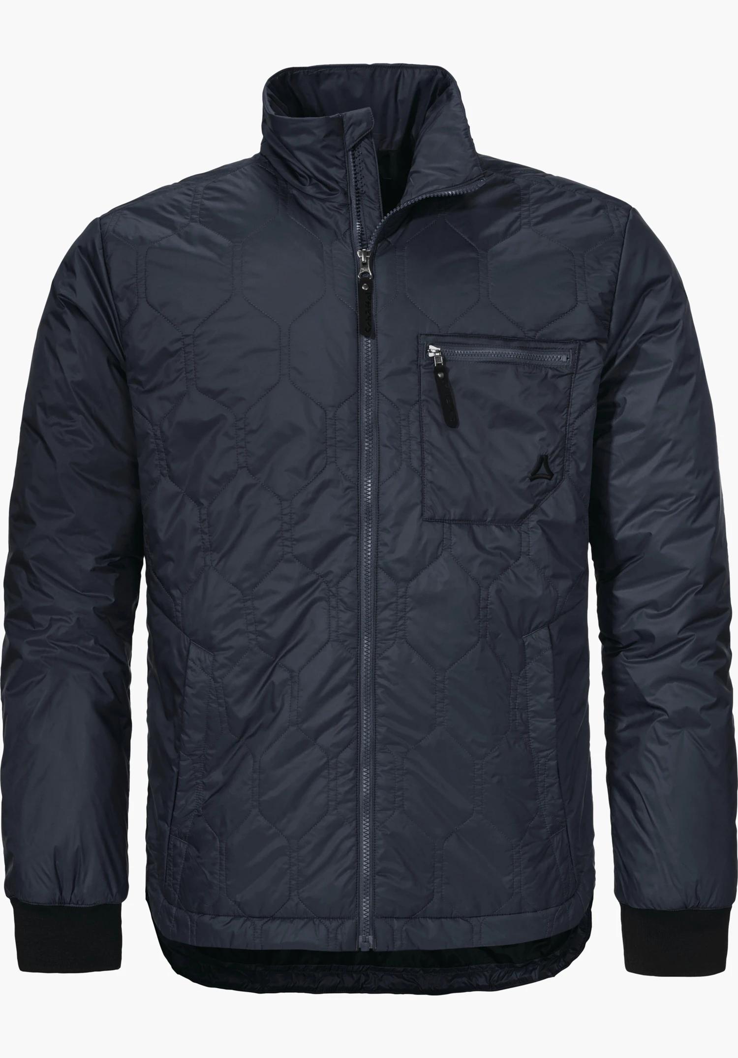 Urban Ins Jacket Style Malkay MNS dark blue lightly quilted jacket, fully zipped at the front, with chest pocket, zip and Schöffel logo; stand-up collar; sleeves with black cuffs; white background.