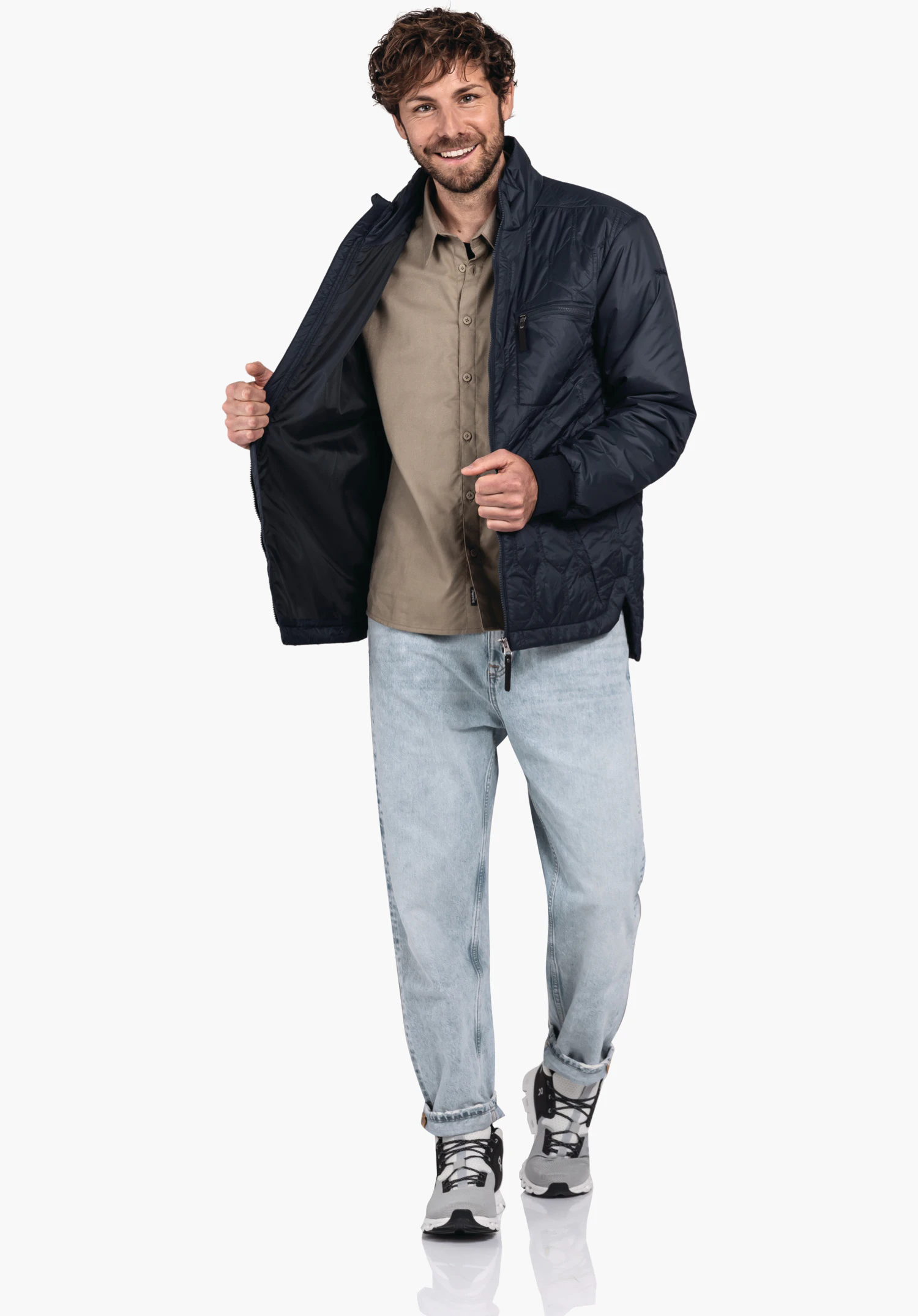 Ins Jacket Style Malkay MNS highlights the blue diamond quilting pattern and the zip pocket on the chest. Close-up against a white/neutral background.