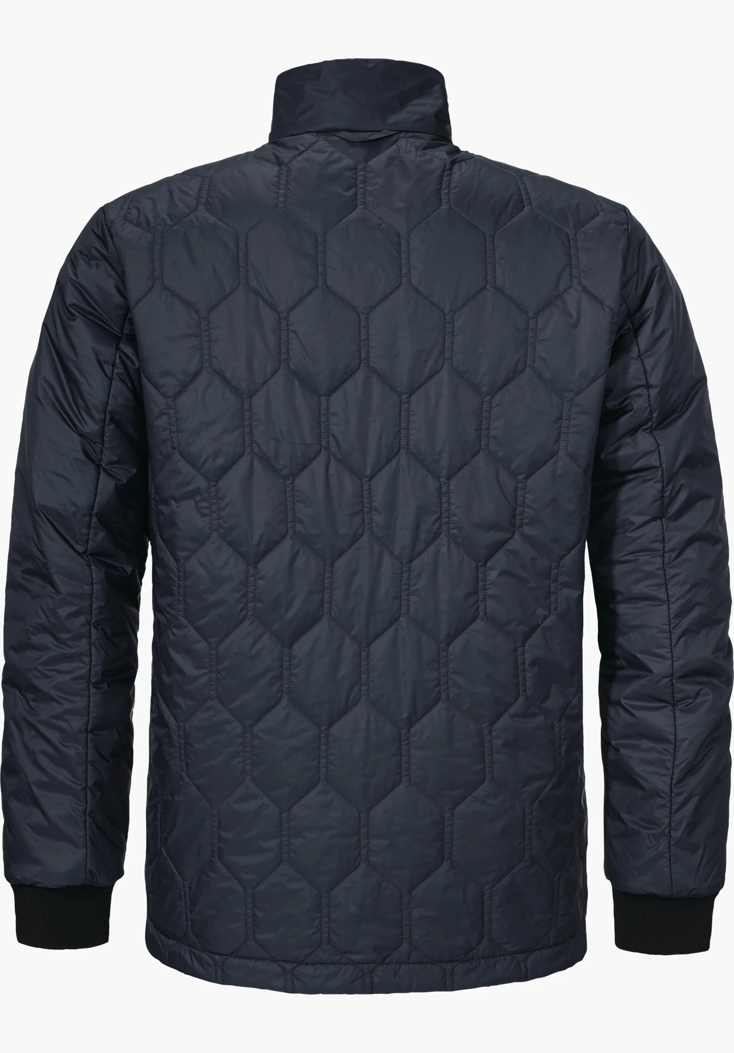 Ins Jacket Style Malkay MNS dark blue padded insulation jacket, rear view, hanging presentation; hexagonal quilting, long sleeves with black cuffs, isolated white background.