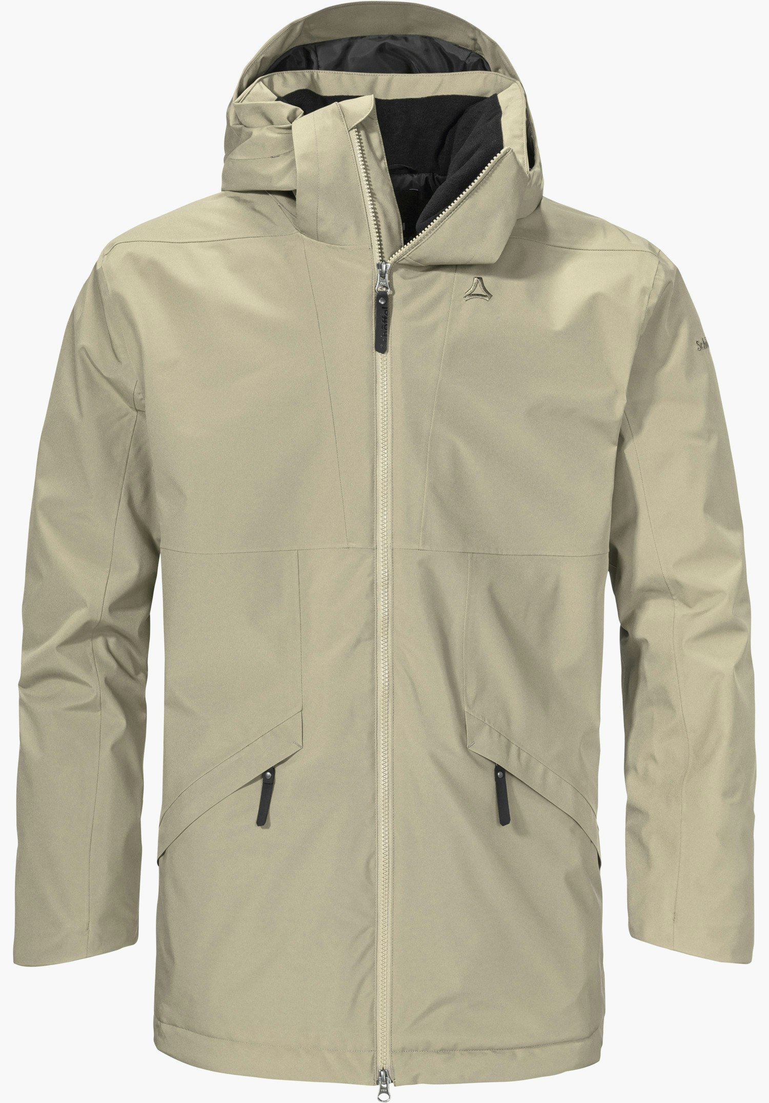 Urban Ins Parka Style Malkay MNS Beiger Übergangsparka, frontal dargestellt, Reißverschluss geschlossen und Kapuze aufgestellt; Schöffel-Logo auf der Brust; glatter weißer Hintergrund. Schriftzug auf Ärmel: "Schöffel".
