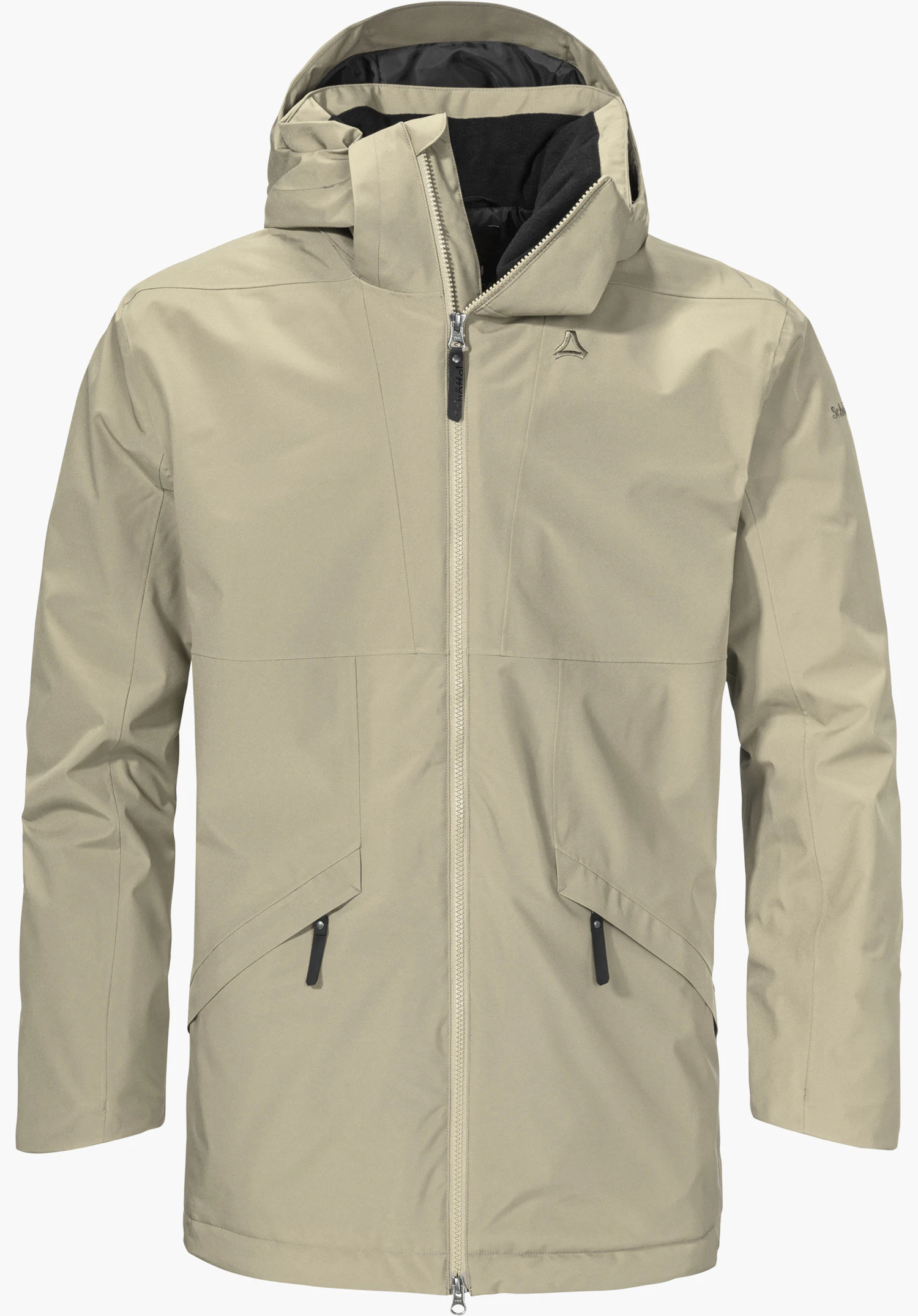 Hybrid Vt Style Cascata WMS gilet vert avec empiècements latéraux gris foncé, fermeture éclair fermée; logo Schöffel sur la poitrine; étiquette intérieure « Schöffel »; fond blanc.