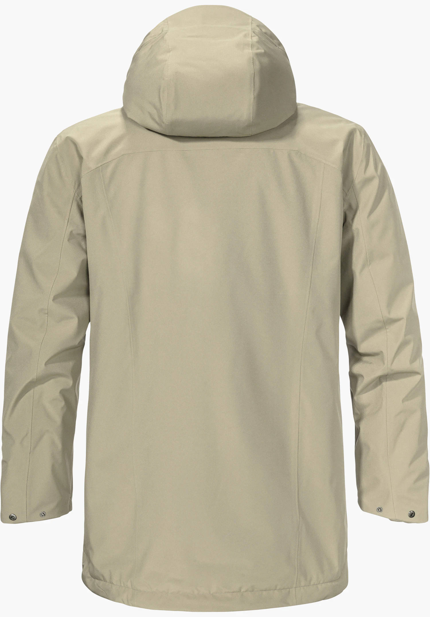 Ins Parka Style Malkay MNS Veste de pluie beige, vue de dos; capuche relevée, tombe souplement sur fond blanc, logo Schöffel en bas de l’ourlet.