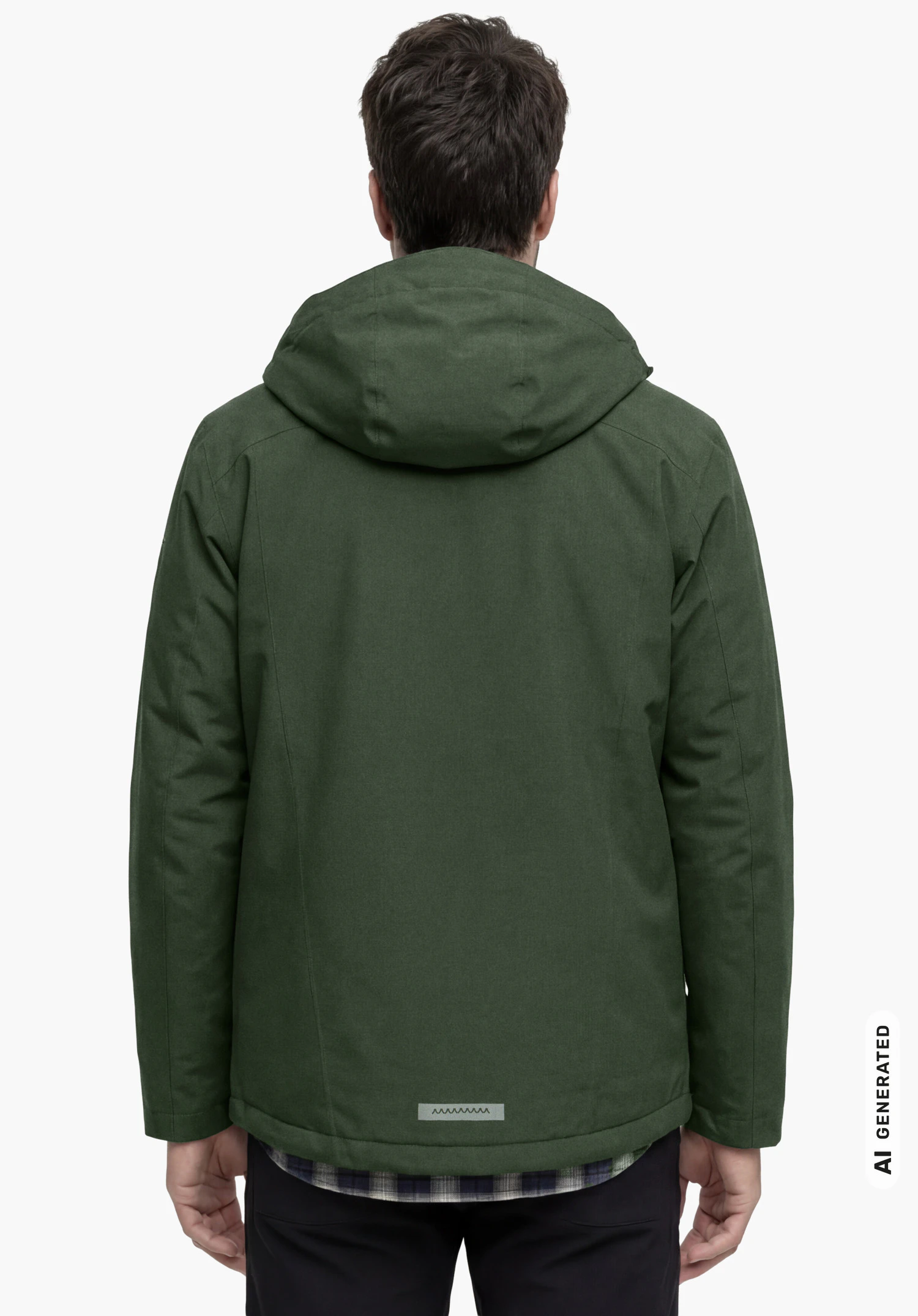 Ins Parka Style Malkay MNS in green, worn by a male model standing upright and shown from the back with the hood up against a white background. (AI-generated)